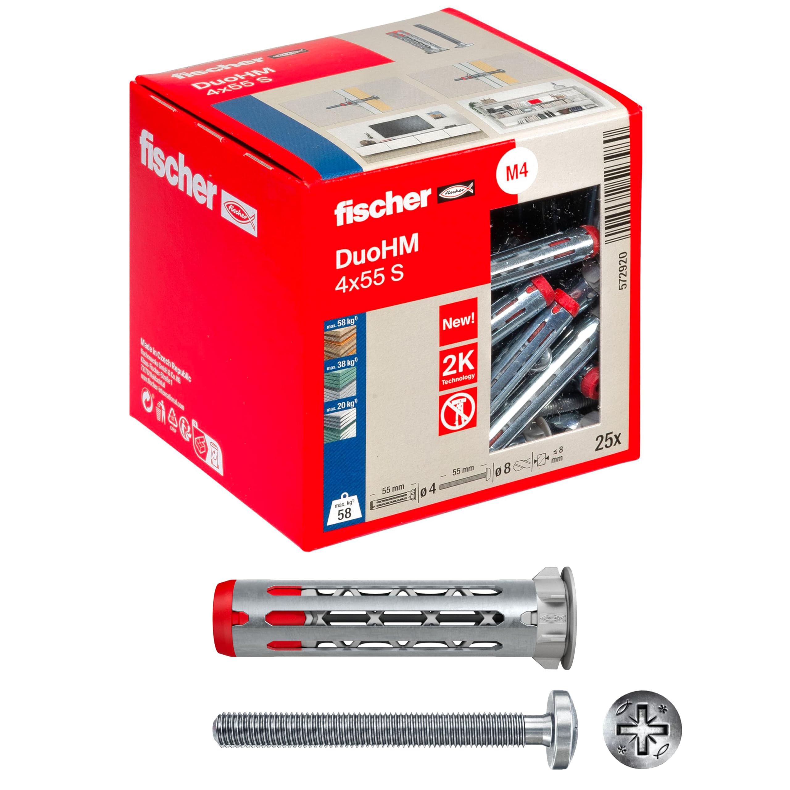 Fischer DuoHM Ø8 mm Vite a Croce POZI M4x55 mm, 25 Tasselli per Cartongesso Metallo e Nylon