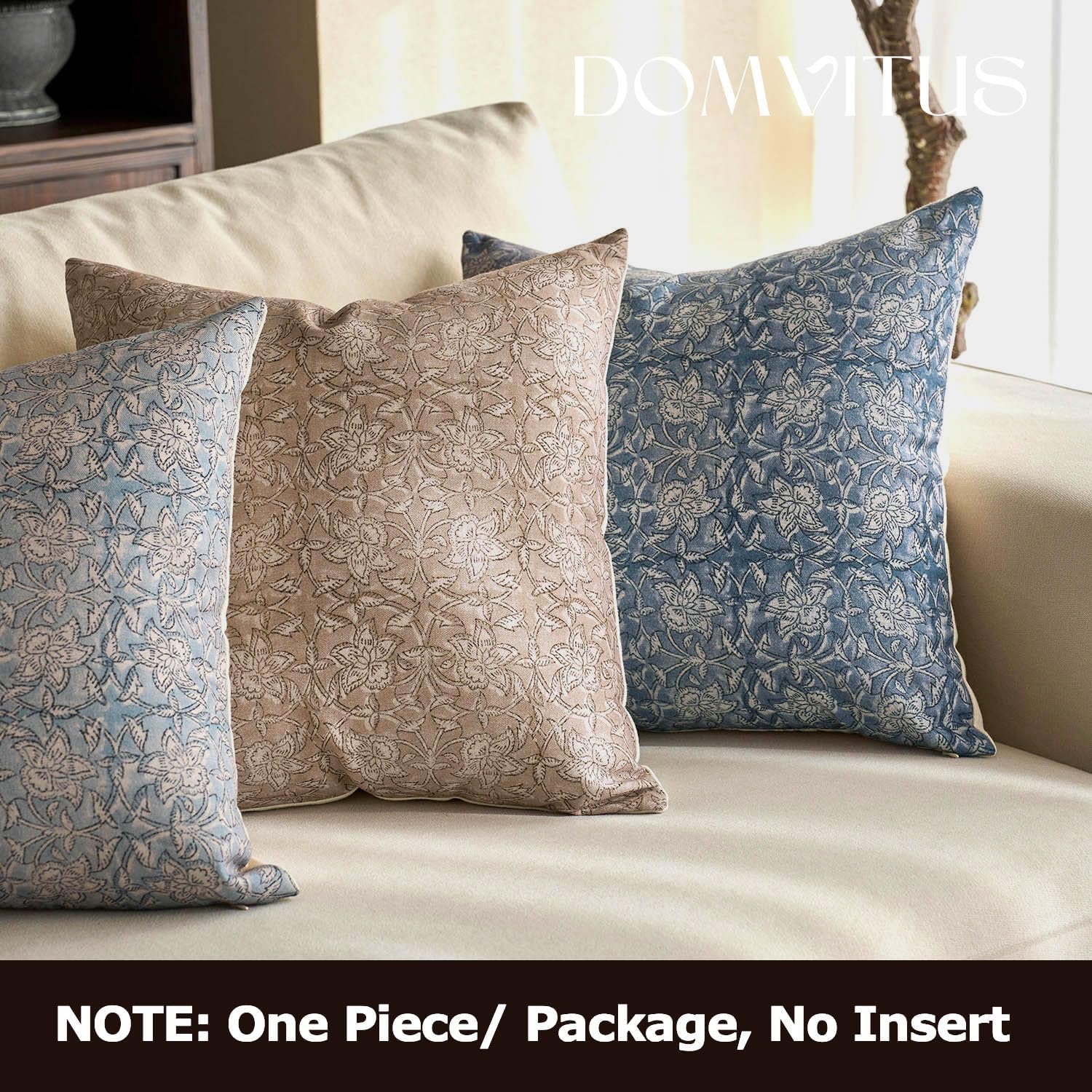 DOMVITUS Floral Pillow Covers 20x20 Throw Pillow Covers Block Print Vintage Decorative Neutral Pillow Cover for Couch Bed Living Room Dusty Blue 1PC