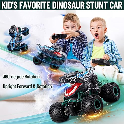 Miniatura 4 de Cogwak Auto de dinosaurio a control remoto para niños, camión monstruo RC de 2.4 GHz, todo terreno, juguete de dinosaurio RC con sonido de luz en