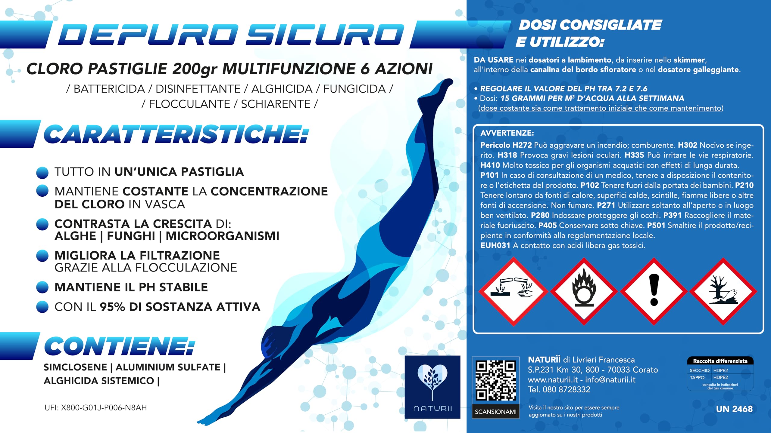 Depuro Sicuro kg 10 cloro Multifunzione 6 Azioni per Piscina Pastiglie da 200 gr