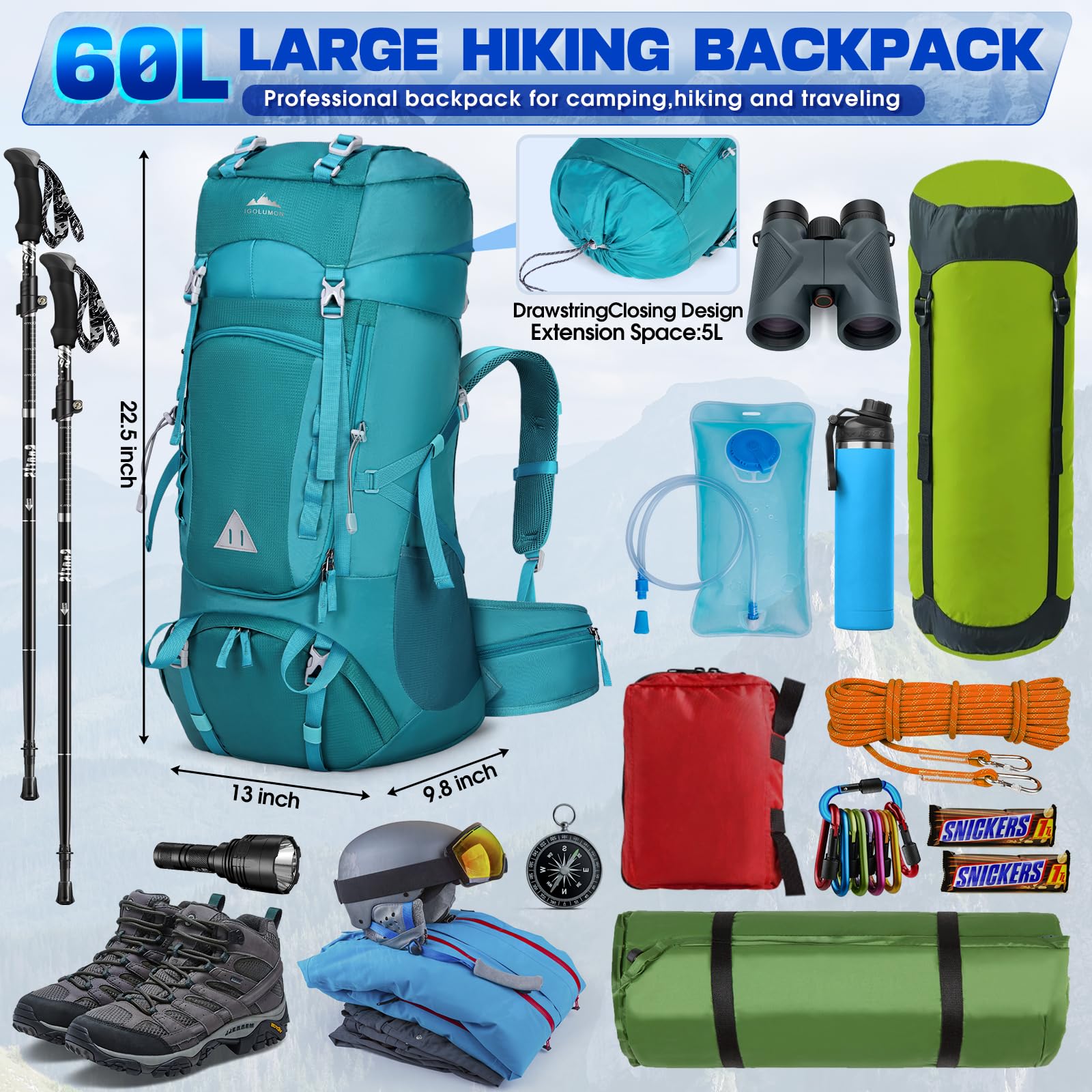 IGOLUMON Zaino Trekking 60 Litri Zaino Montagna Zaini da Hiking con Copri Pioggia per Uomo Donna Zaino da Campeggio Viaggio Escursione