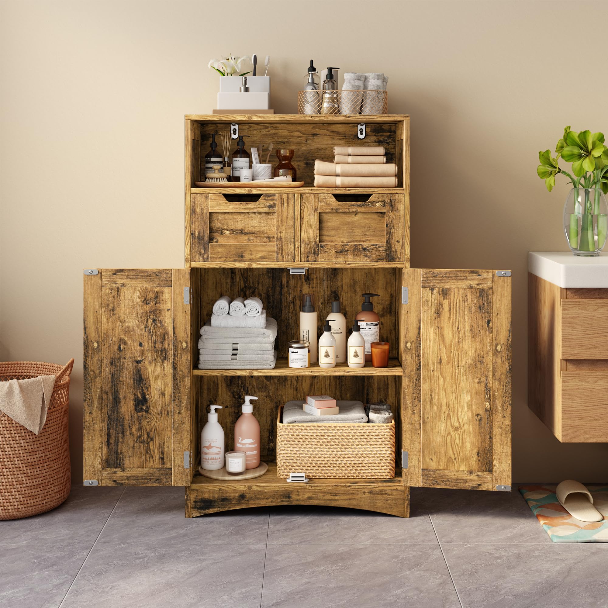 Bealife Armoire Salle de Bain, Armoire de Rangement avec 2 Tiroirs, Étagère Réglable et 2 Portes, Meuble Rangement pour Salon, Chambre, 60x30x108 cm, Rétro