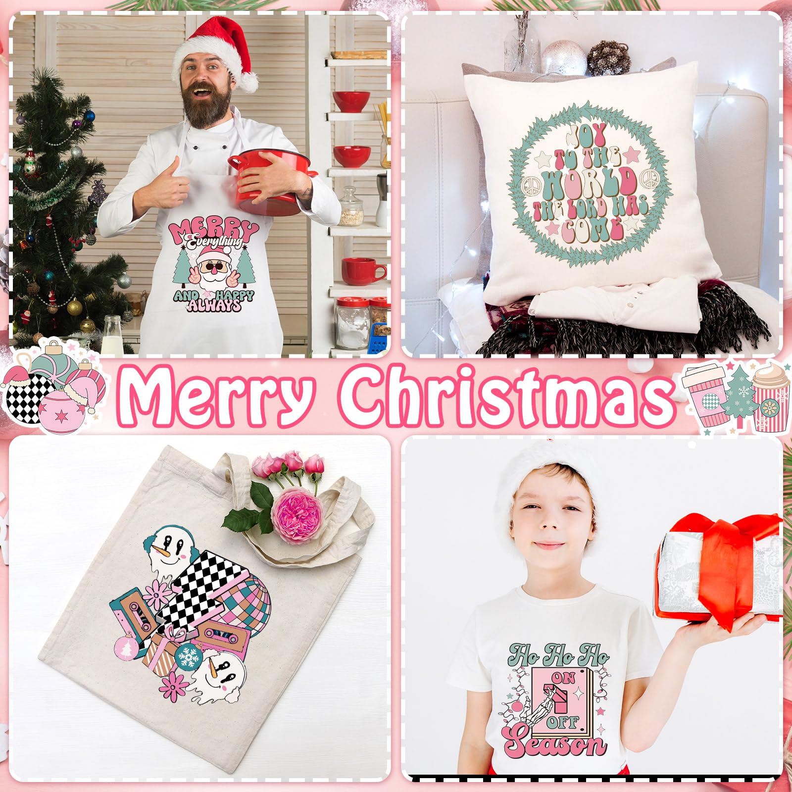 TecUnite 30 Stück rosa Weihnachts-Bügelbilder, Retro-Weihnachten, zum Aufbügeln auf Weihnachten, Vinyl-Aufkleber, DIY, Bügelapplikationen, HTV für T-Shirts, Kleidung, Hüte, Kissen, Dekoration