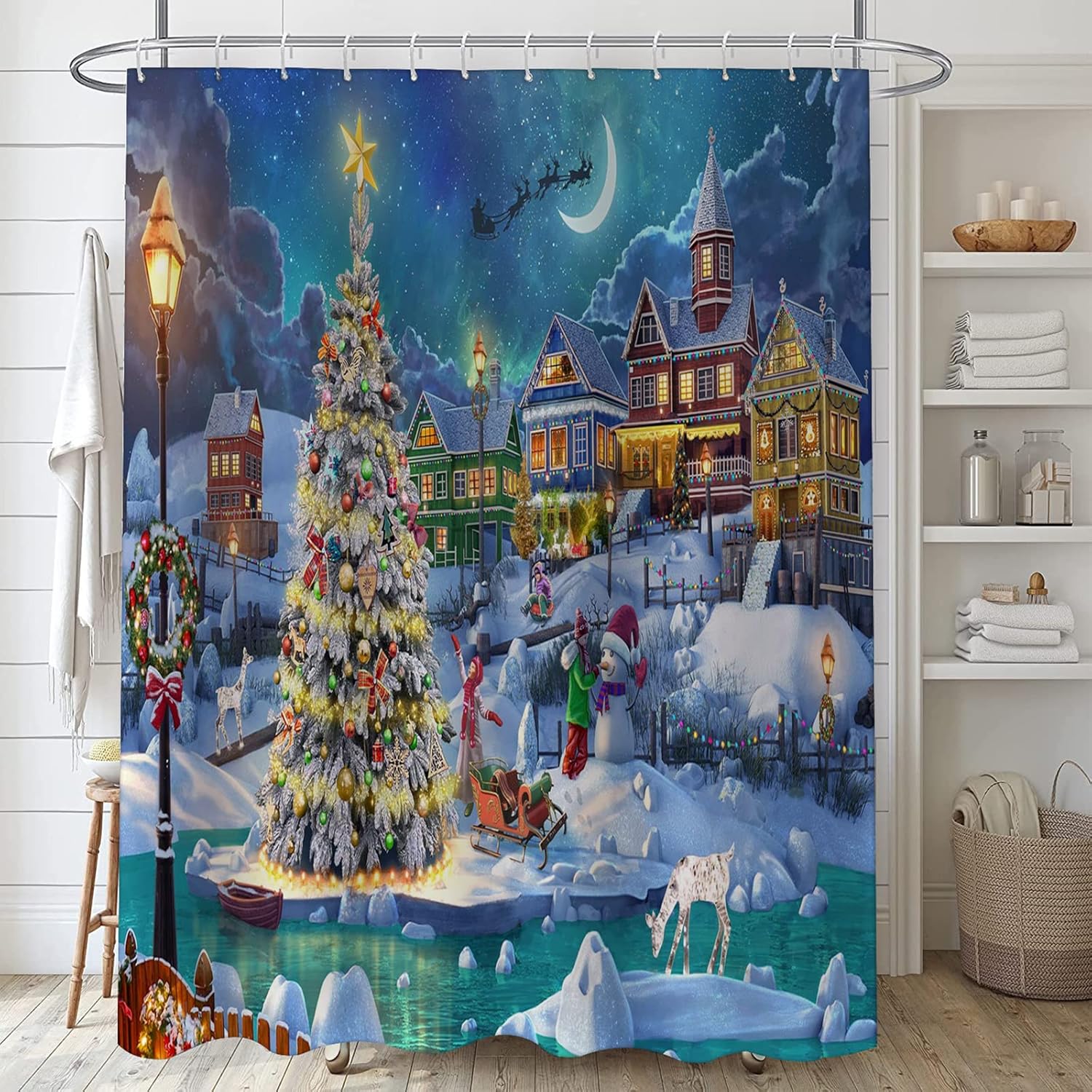 Christmas Bathroom Decor Xmas Shower Curtain with Hooks Set,Waterproof
