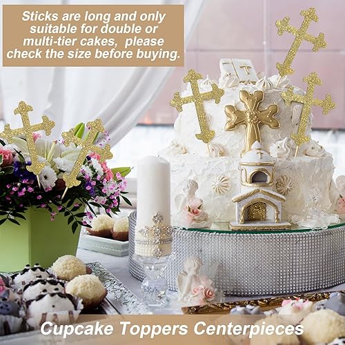 Miniatura 5 de Menkxi 30 piezas de centros de mesa de bautismo con purpurina dorada de 10 pulgadas, cruz de doble cara para baby shower, centros de mesa para