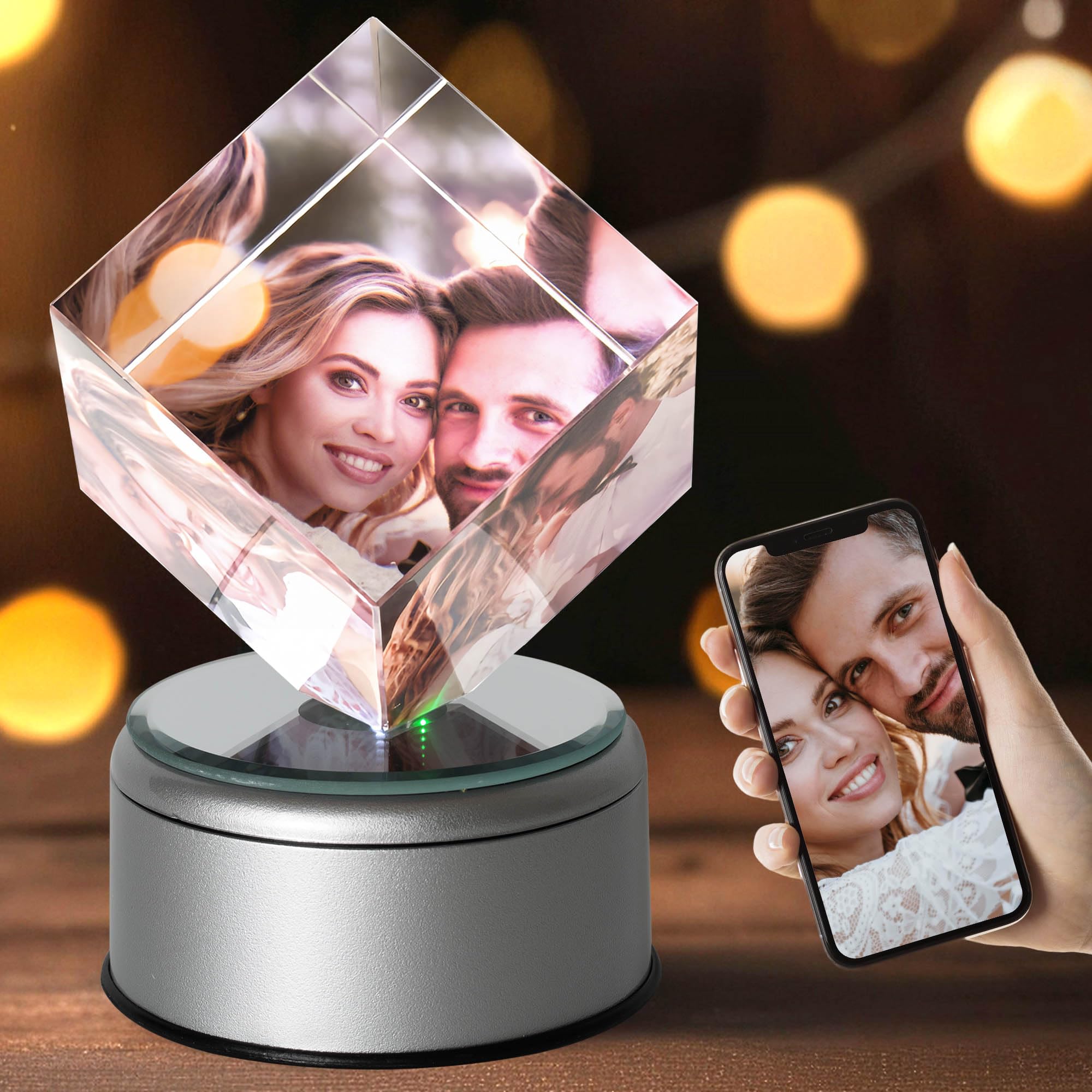 Emoragifou Personalised 3D Photo Glass with UV Print, Glass Photo with Light Base, Crystal Photo Glass Pictures, Photo Gifts, Personalised Gifts for Women, Girlfriend, Men, Mum, Dad, Girls