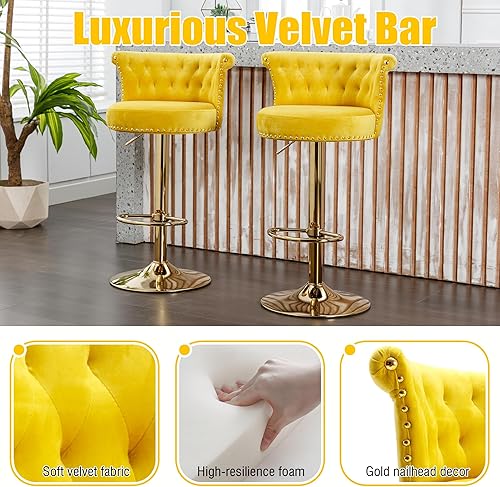 Miniatura 8 de Juego de 2 taburetes de bar giratorios de terciopelo de 360, butacas ajustables para barra de cocina con respaldo de clavos, base dorada y