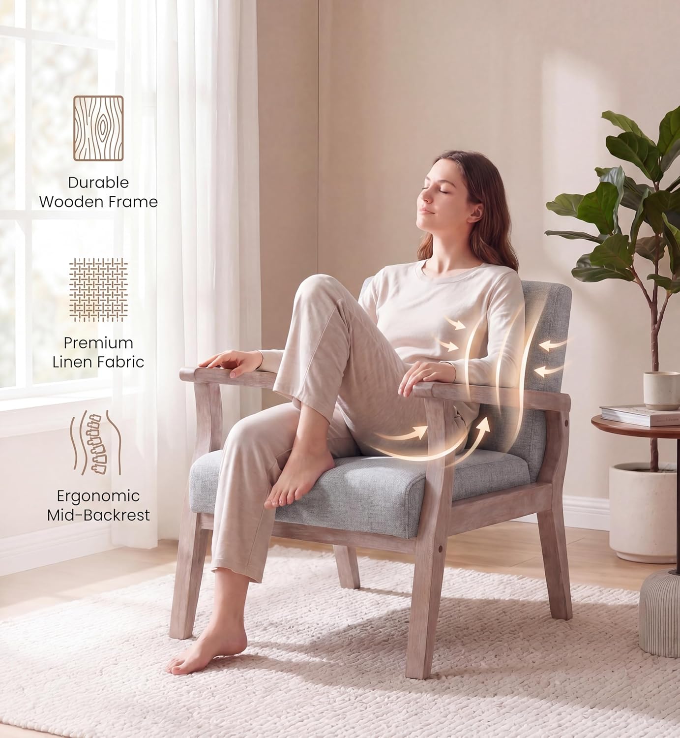 Upholstered Recliner Chair Mid Century Modern Accent Chair Comfy Fabric Armchair Indoor Corner Chair with Wood Frame for Bedroom Living Room Sitting, Grey