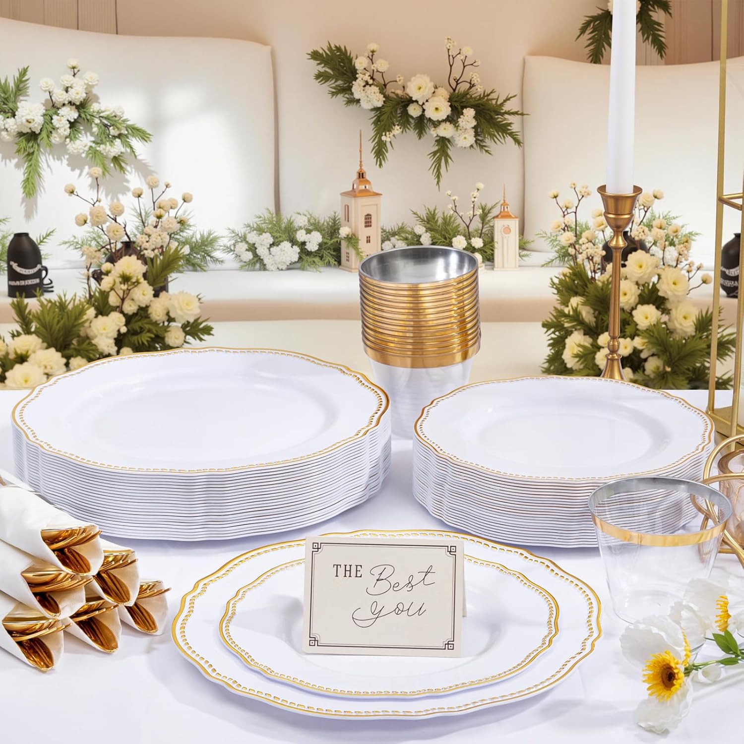 Hioasis 175pcs White and Gold Plastic Plates - Gold Plastic Dinnerware Set Includes 25 Dinner Plates, 25 Dessert Dinnerware, 25 Cups, 25 Rolled Napkin Cutlery Perfect for Wedding & Party - Image 9
