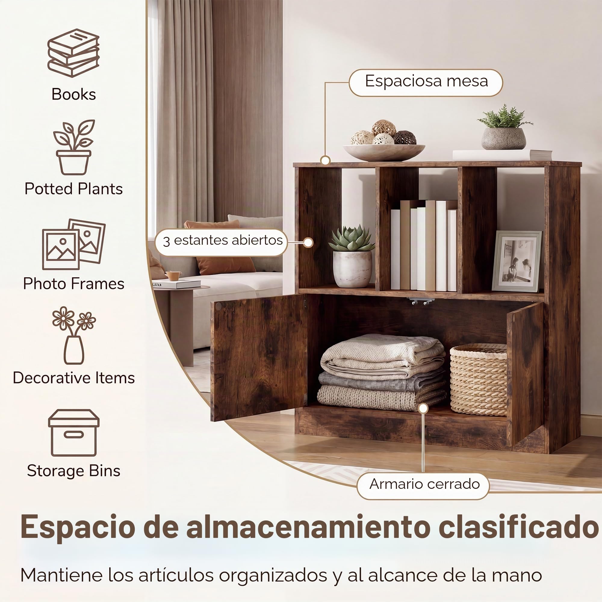 KOMFOTTEU Librería con 3 Compartimentos Abiertos, Estantería para Libros con Armario de Puertas, Mueble de Almacenamiento con Dispositivo Antivuelco para Salón, Oficina, 70 x 30 x 70 cm (Marrón)