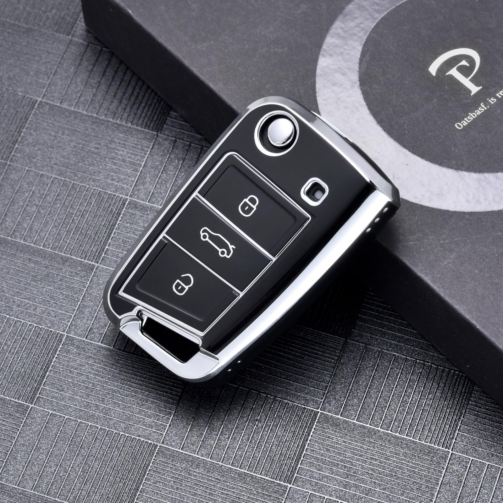 OATSBASF Car Key Case Compatible with VW Golf 7, Key Box Cover for VW Polo Skoda, Tiguan, MK7 3 Buttons (Silver Edge Black) - Image 2