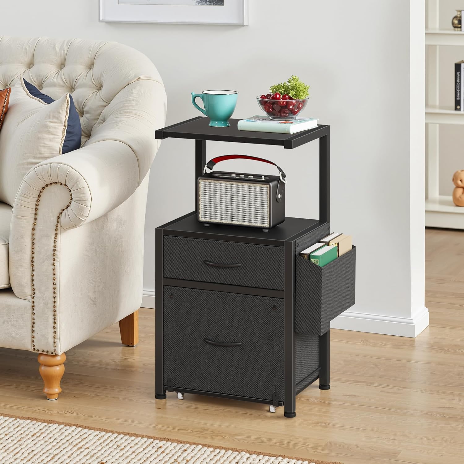 HIGDBFE 2-Drawer File Cabinet, Filing Cabinet with 2-Tier Printer Shelves, Office Cabinets with Side Bag&File Drawer for A4/Letter Size, Printer Stand with Storage for Home Office, Black, 16.5" W