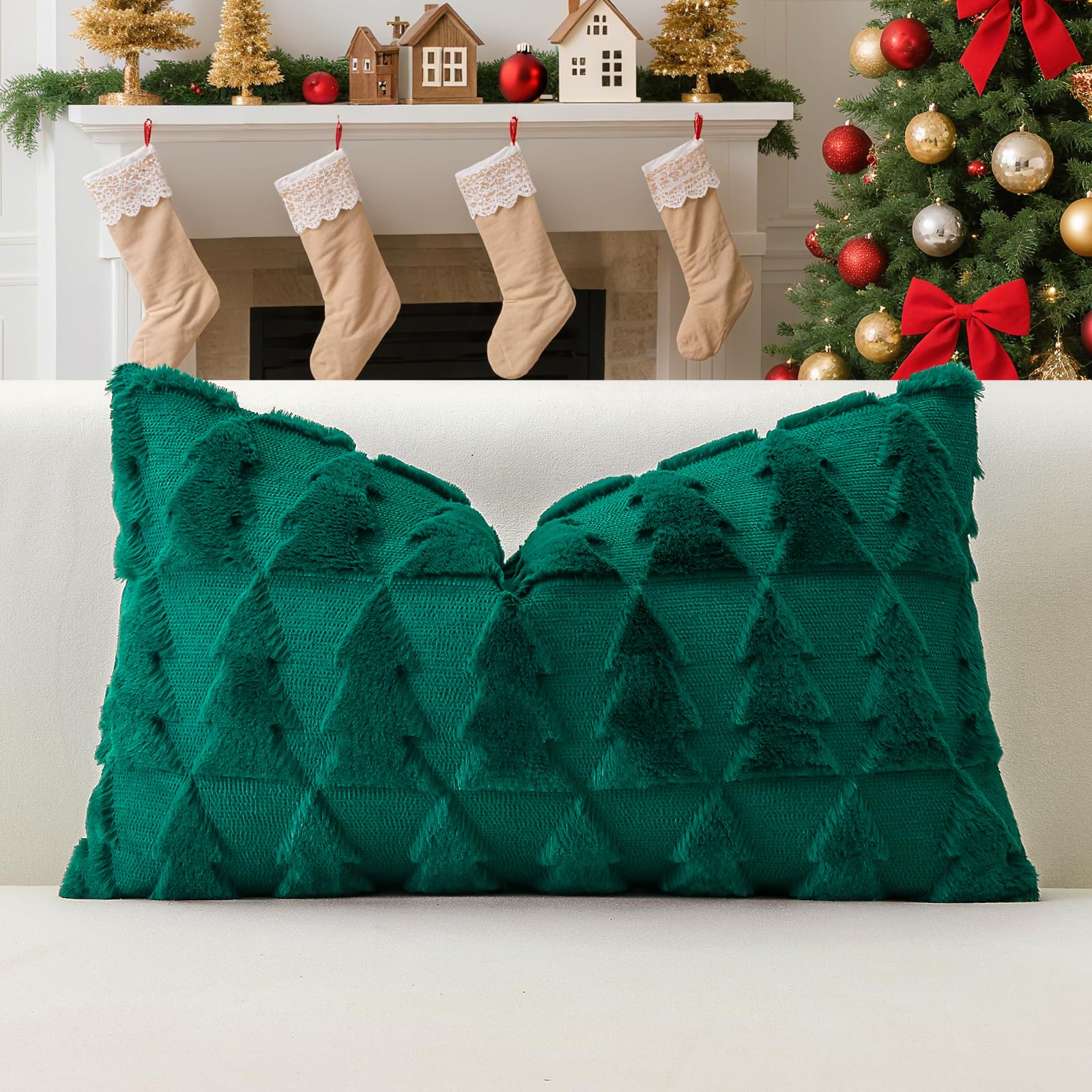 Artscope Set of 1 Xmas Soft Plush Short Wool Velvet Decorative Cushion Covers 30x50cm Lumbar Luxury Style Throw Pillow Covers Pillow Shell for Sofa Bedroom Christmas Tree Green — image 1