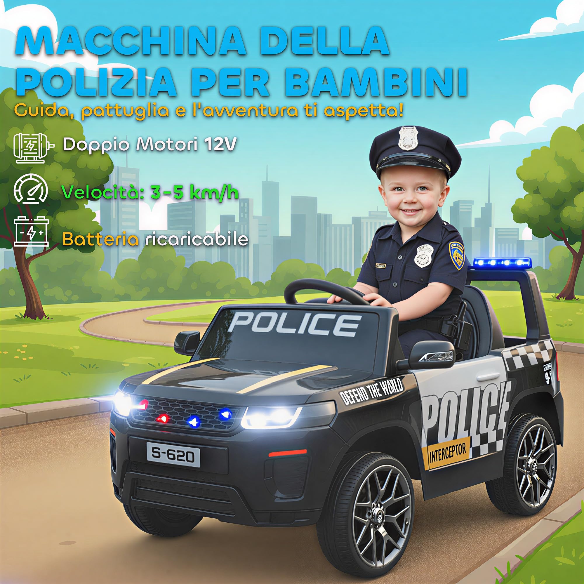 AIYAPLAY Macchina Elettrica della Polizia per Bambini 3-5 Anni 12V 2 Motori | Sirena, Luci LED, Sospensioni, Telecomando, USB, Bluetooth, Musica, Clacson, 3-5 km/h