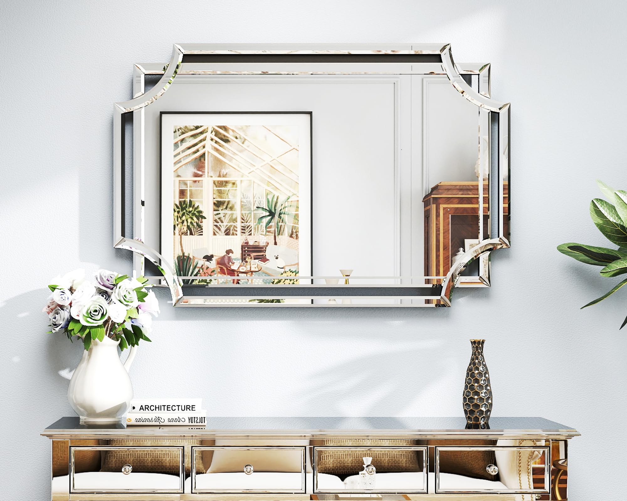 Chende Scalloped Large Wall Mirror 28 x 40 Bathroom Mirror with Beveled Edge and Glass Pieces Wall Decor