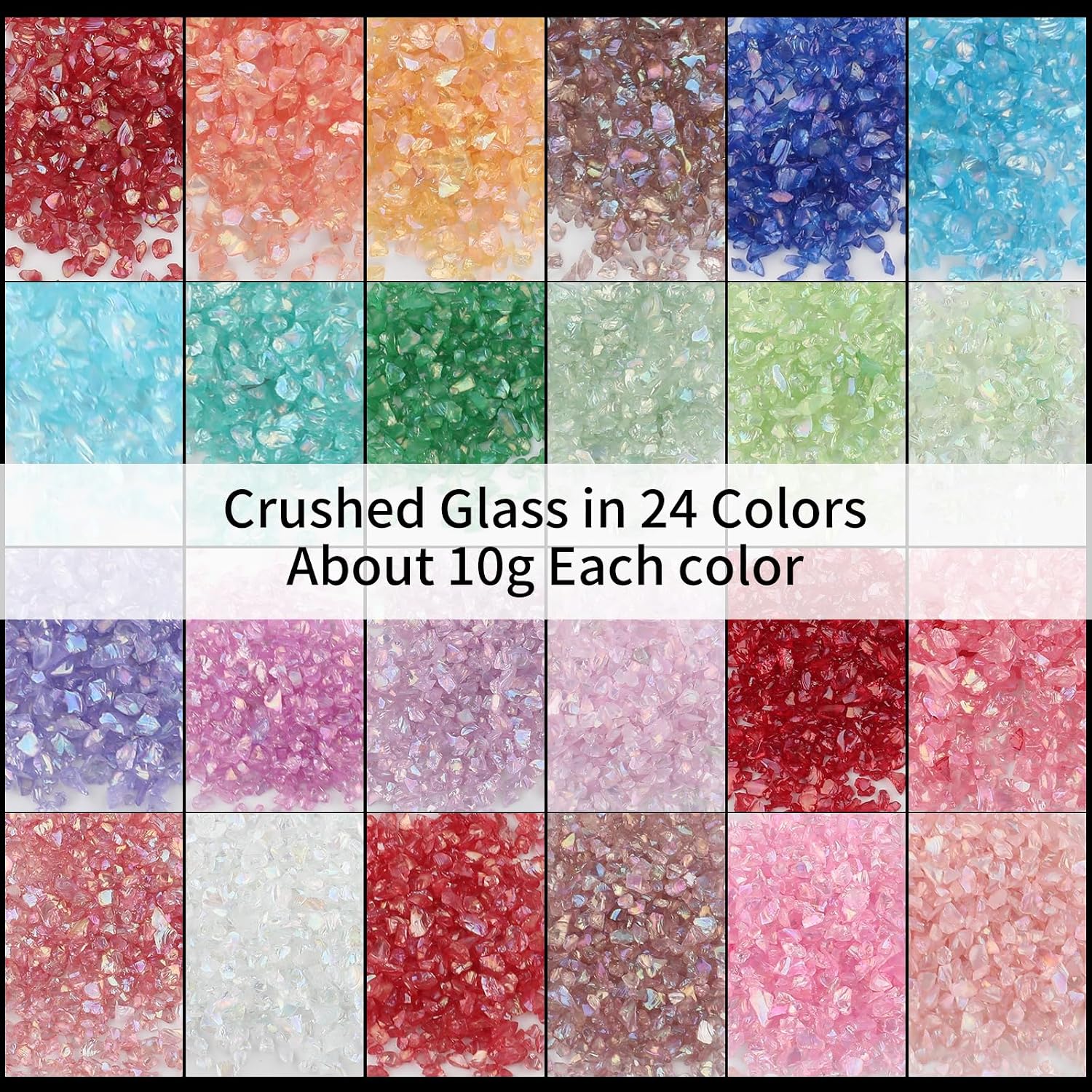 24 Colors Iridescent Crushed Glass Craft Glitter 240g,2-4mm Craft Small Broken Glass Pieces Irregular Metallic Crystal Chips Chunky Flakes Sequins for Resin Art, Epoxy Jewelry, Nail Art, Vase Filler