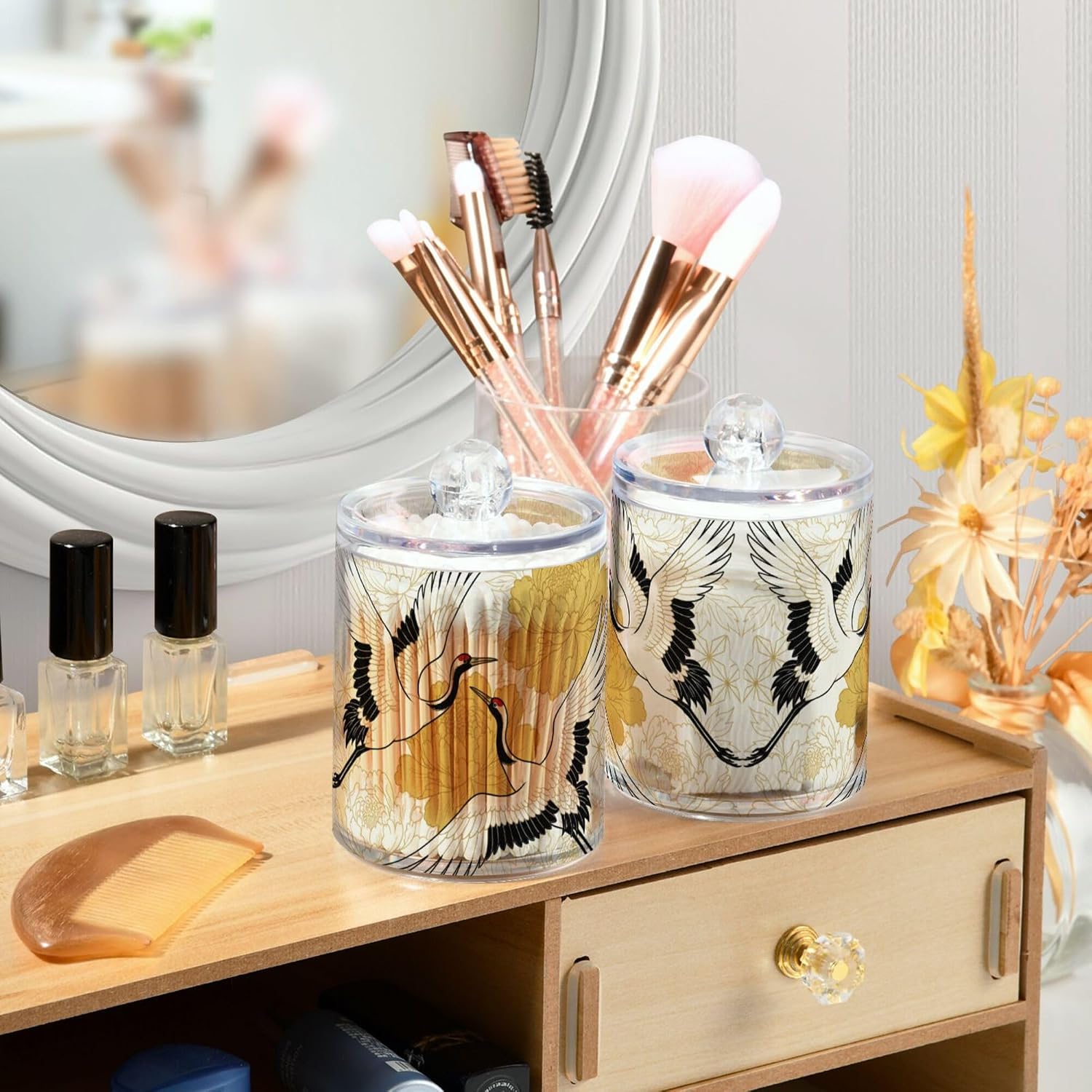 MNSRUU 4 Pack Qtip Holder Organizer Dispenser Crane and Flower Bathroom Storage Canister Cotton Ball Holder Bathroom Containers for Cotton Swabs/Pads/Floss