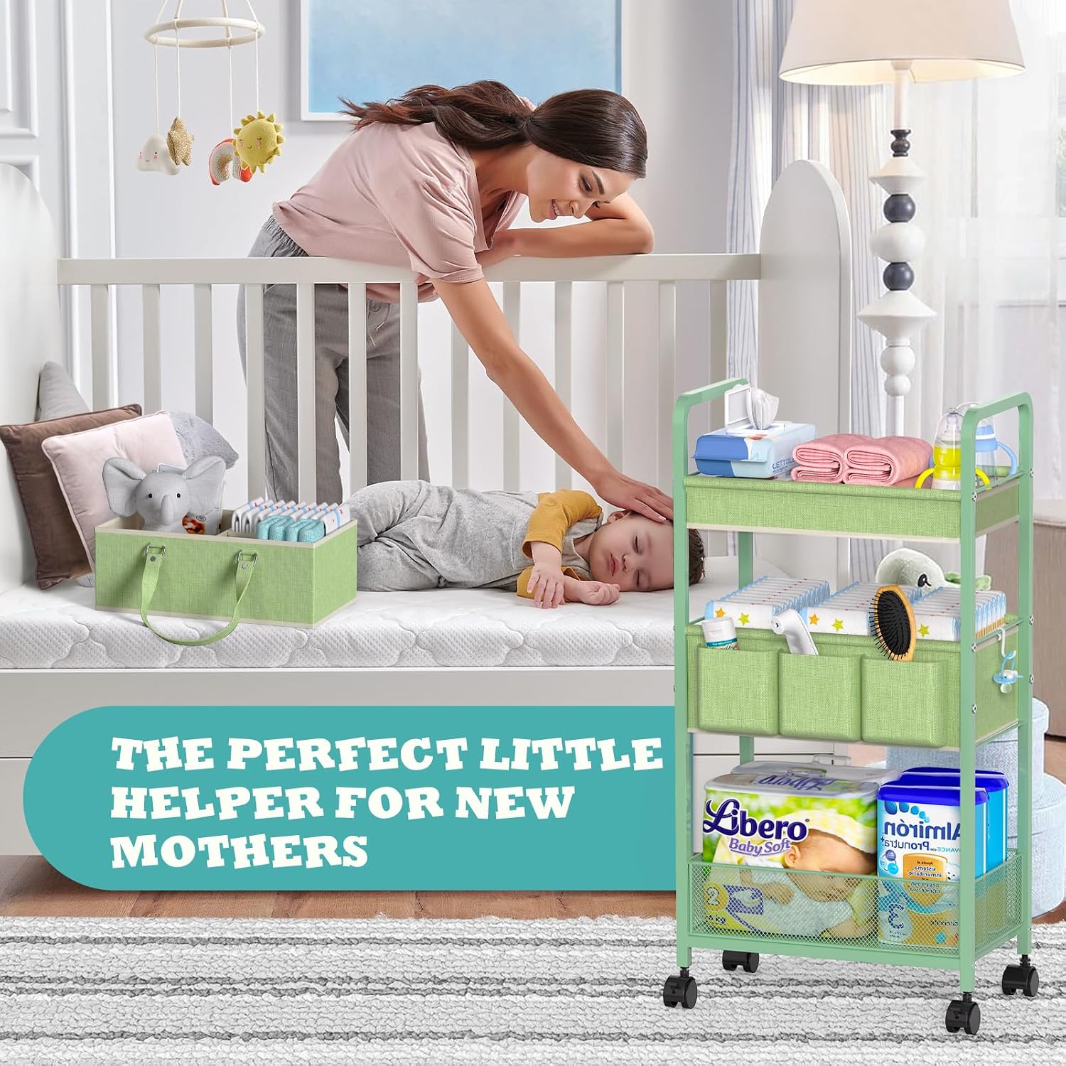 2in1 Baby Diaper Caddy Organizer Cart, 3-Tier Rolling Cart, Metal Diaper Caddy Carts, Bedside Carts for Nursery Essentials Storage, Detachable Dividers, Large Capacity, Green