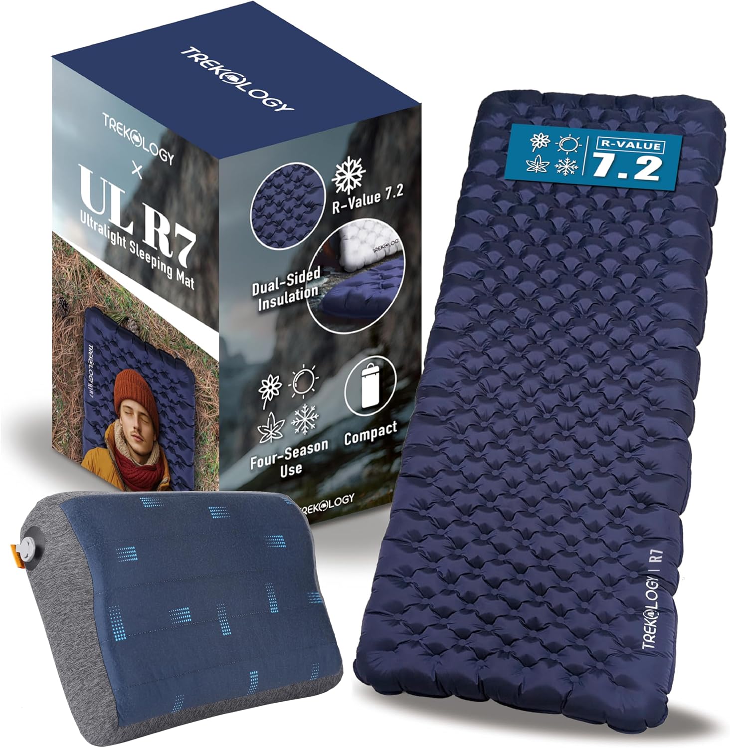 TREKOLOGY ULR7 Camping Sleeping Pad & ALUFT Pro SE Inflatable Pillow Bundle– Ultra-Light Insulated Sleeping Mat with Foam-Padded Case Camping Pillow– Perfect for Backpacking, Hiking & Outdoor Comfort