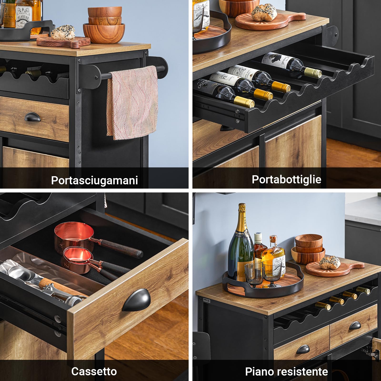 SoBuy Carrello Cucina Con Ruote Credenza Cucina Mobile Cucina Nero 89x40x87cm FKW122-SCH
