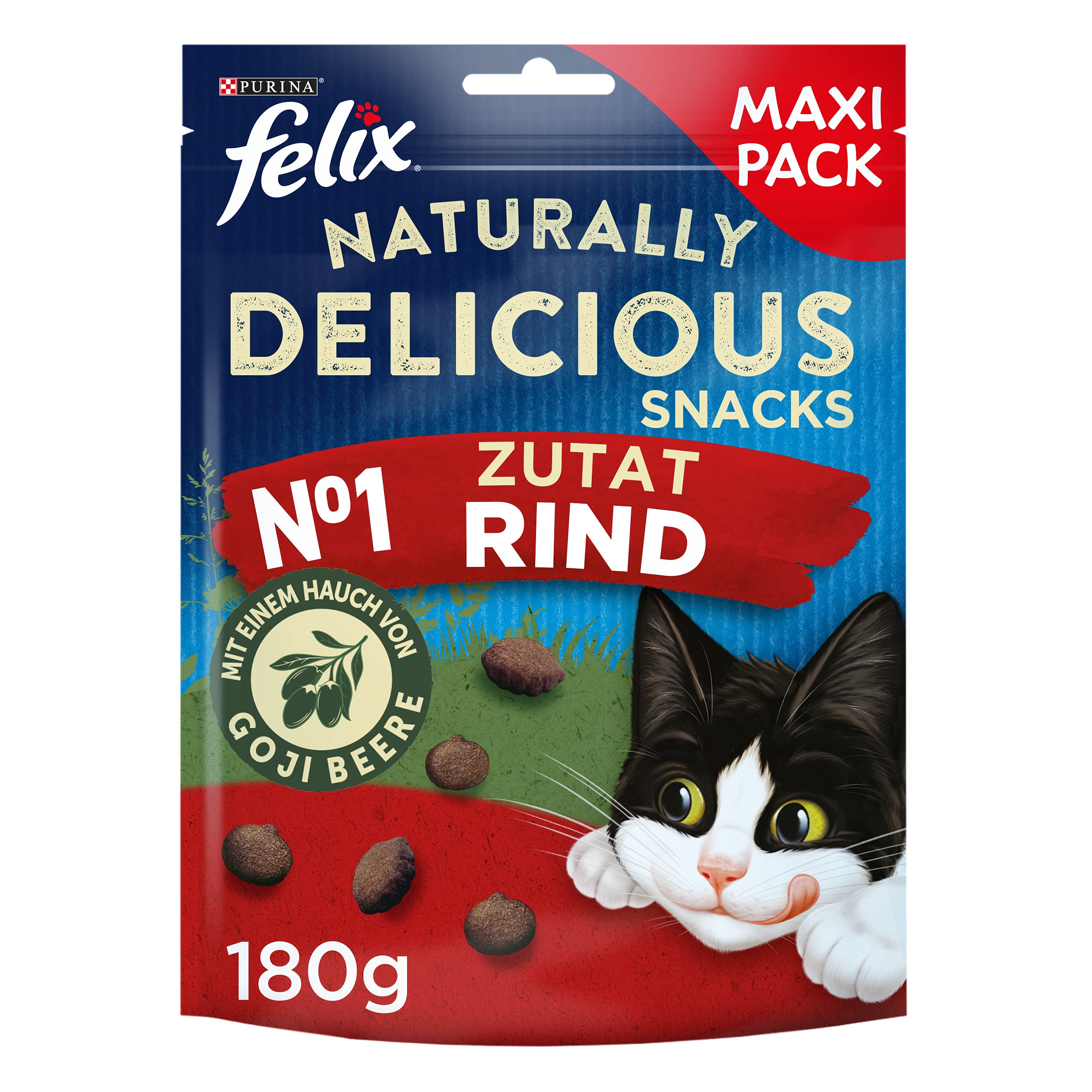 FELIX Naturally Delicious - Bocadillo para Gatos, golosinas saludables con Ternera y Bayas de Goji, 6 Unidades (6 x 180 g)