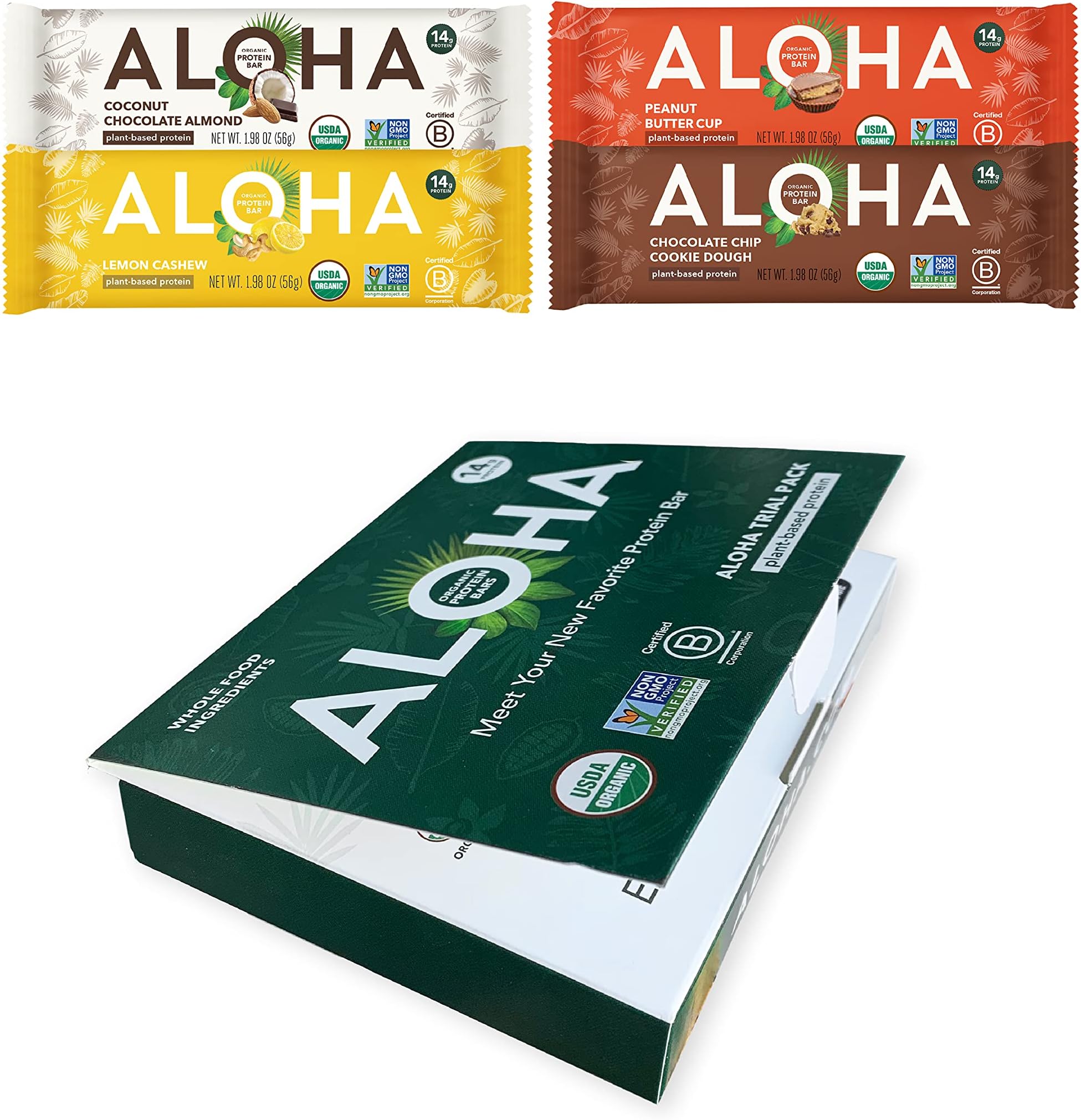 ALOHA Organic Plant Based Protein Bars Trial Pack - 4 Flavors - 1.98oz Bars - Vegan Snacks, Low Sugar, Gluten-Free, Low Carb, Paleo, Non-GMO, Stevia-Free, No Erythritol