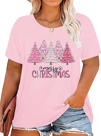 Plus-Size Christmas Shirts Women Merry Christmas Leopard Plaid Tree Print Shirt Holiday Tops Xmas Tee