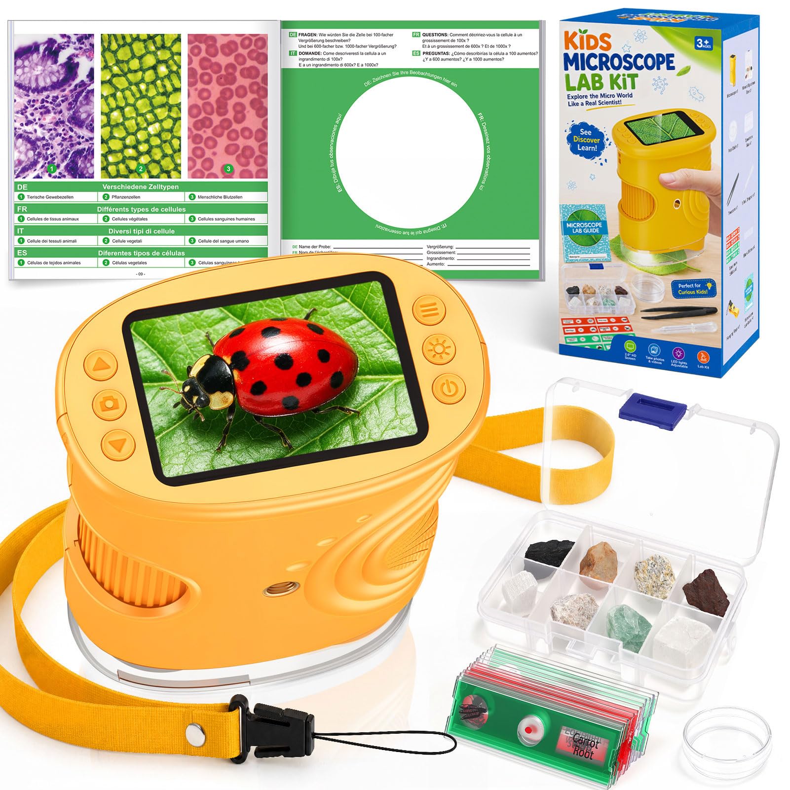 Digitale Microscopio Bambini, Giochi Bambini 4-12 Anni, 1000X Microscopio Portatile Idee Regalo Bambini 4-12 Anni Supporta Foto e Registrazione Video, con 12 Permanenti e 8 Diversi Tipi di Minerali