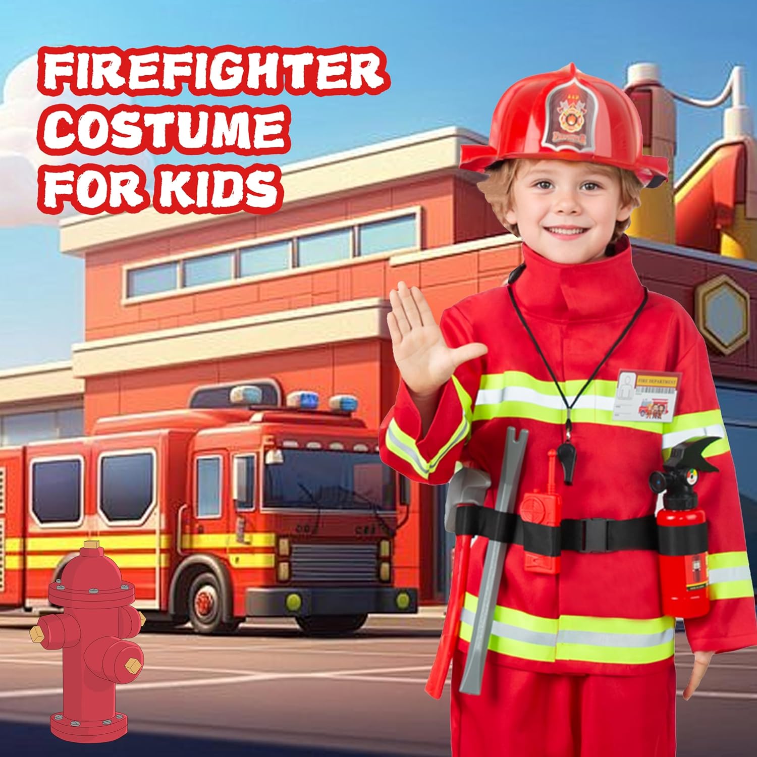 Breevo Firefighter Costume for Kids 2T-6, Halloween Fireman Costume for Boys Girls