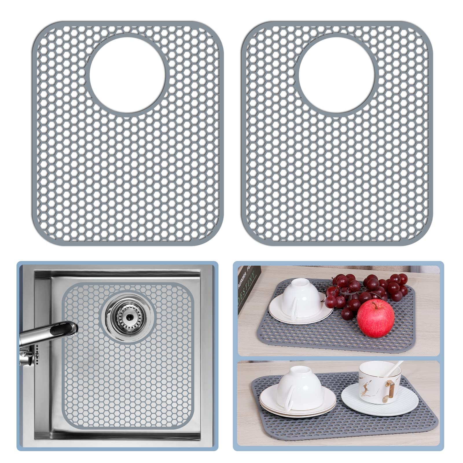 Bestjing Silicone Sink Protector Mat, 2 Pack 13.58''x 11.6'' Rear Drain Kitchen Sink Accessory, Folding Non-Slip Heat Resistant Mat Grid for Bottom of Porcelain Stainless Steel (Rear Hole)