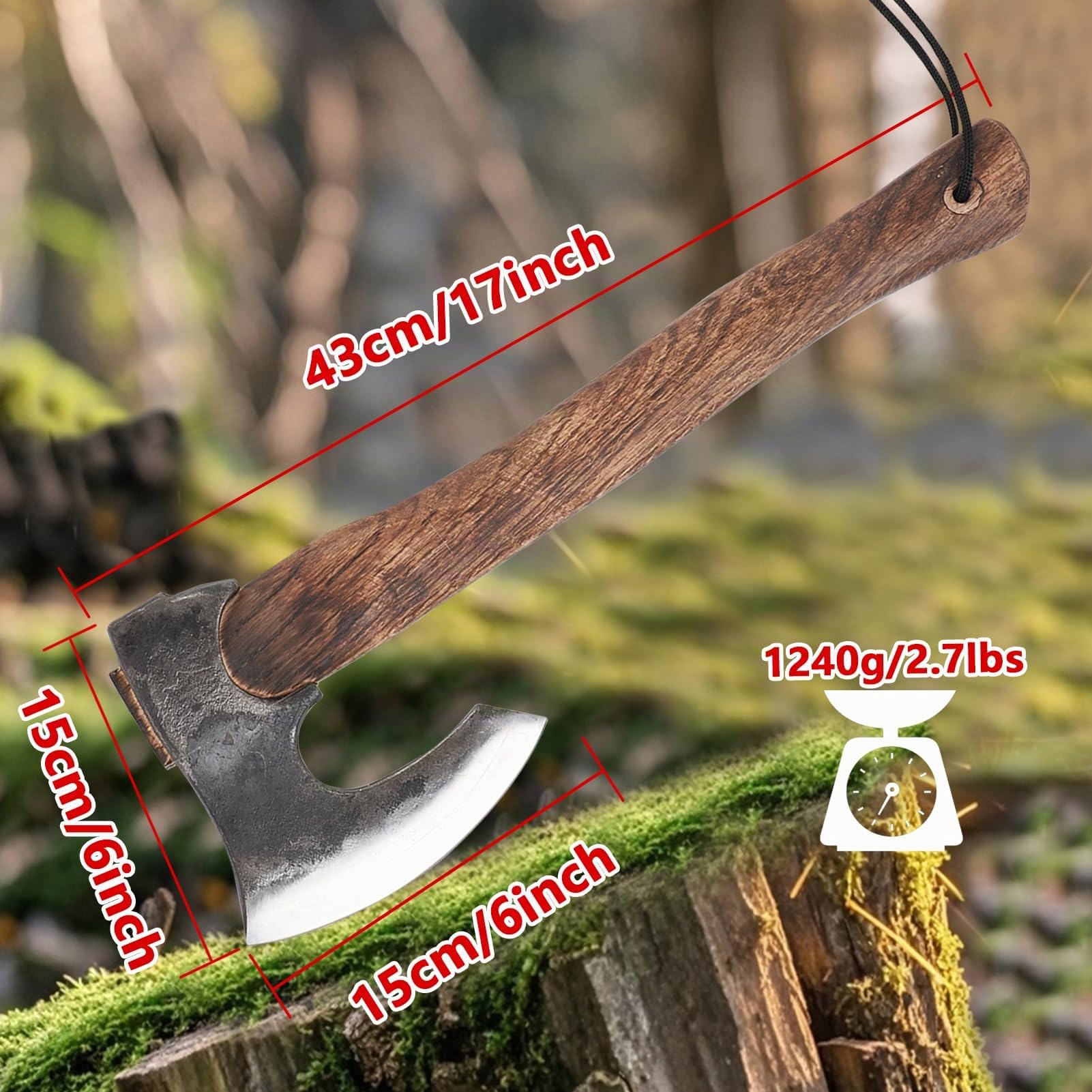Hacha vikinga, hecha a mano, caza, hacha de camping, hacha outdoor, hacha nórdica de supervivencia para camping, hacha bushcraft para aventuras outdoor Acero al carbono 1095, mango de palisandro, idea