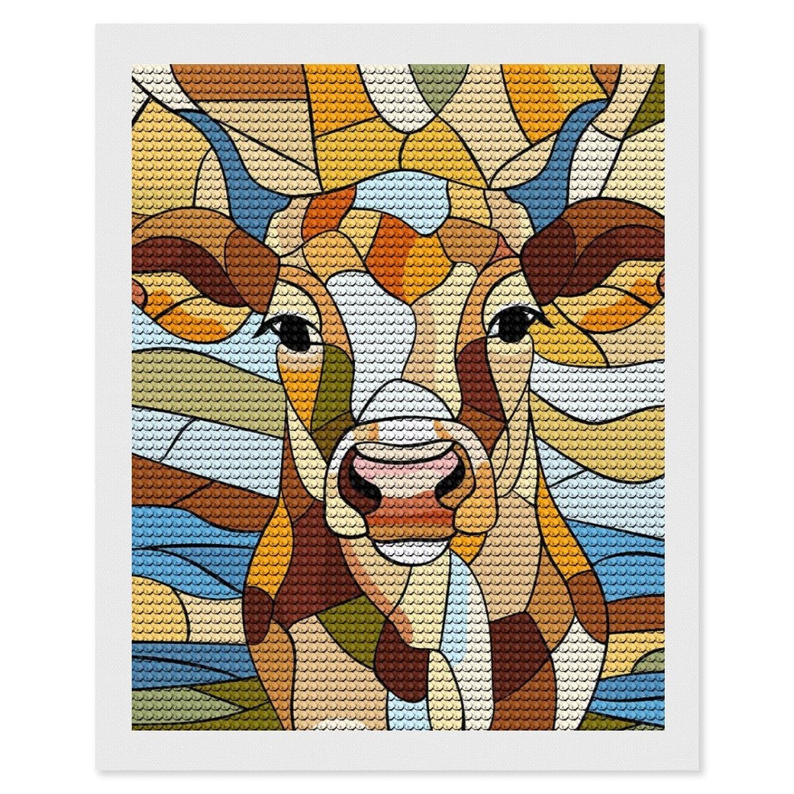 Junmoney Stained Glass Cow Portrait DIY Diamond Art Canvas Kit 16"x20", Relaxing DIY, Sparkling Crystal Beads, Vintage Style Decor, Holiday Gift Idea