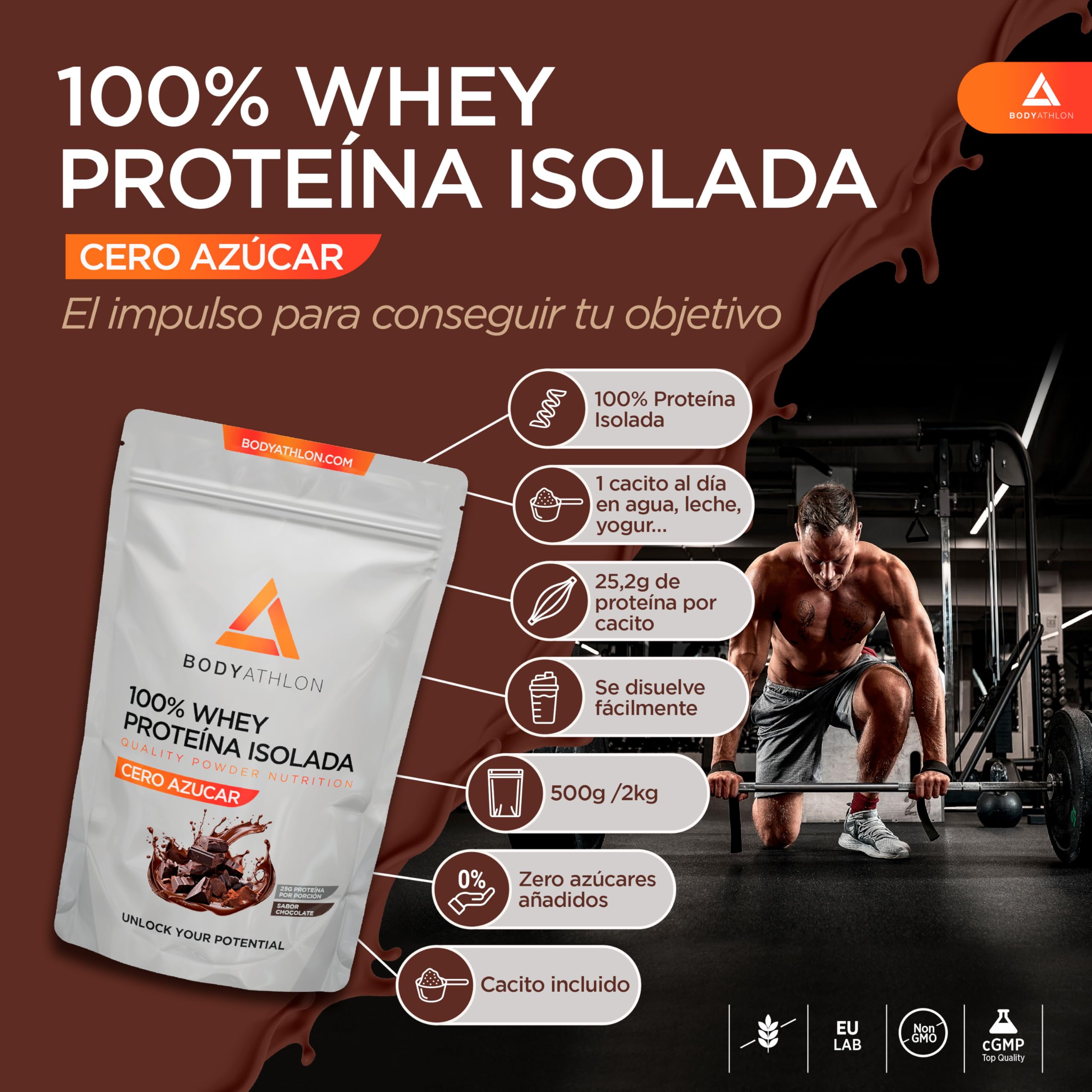 Proteína Isolate Chocolate 2kg Sin Azúcar Sin Edulcorantes– Aislado de Proteina de Suero, Alta en Proteínas 80%- Recuperación y Definición Muscular | Suplemento Deportivo Sin Azúcar- Bodyathlon