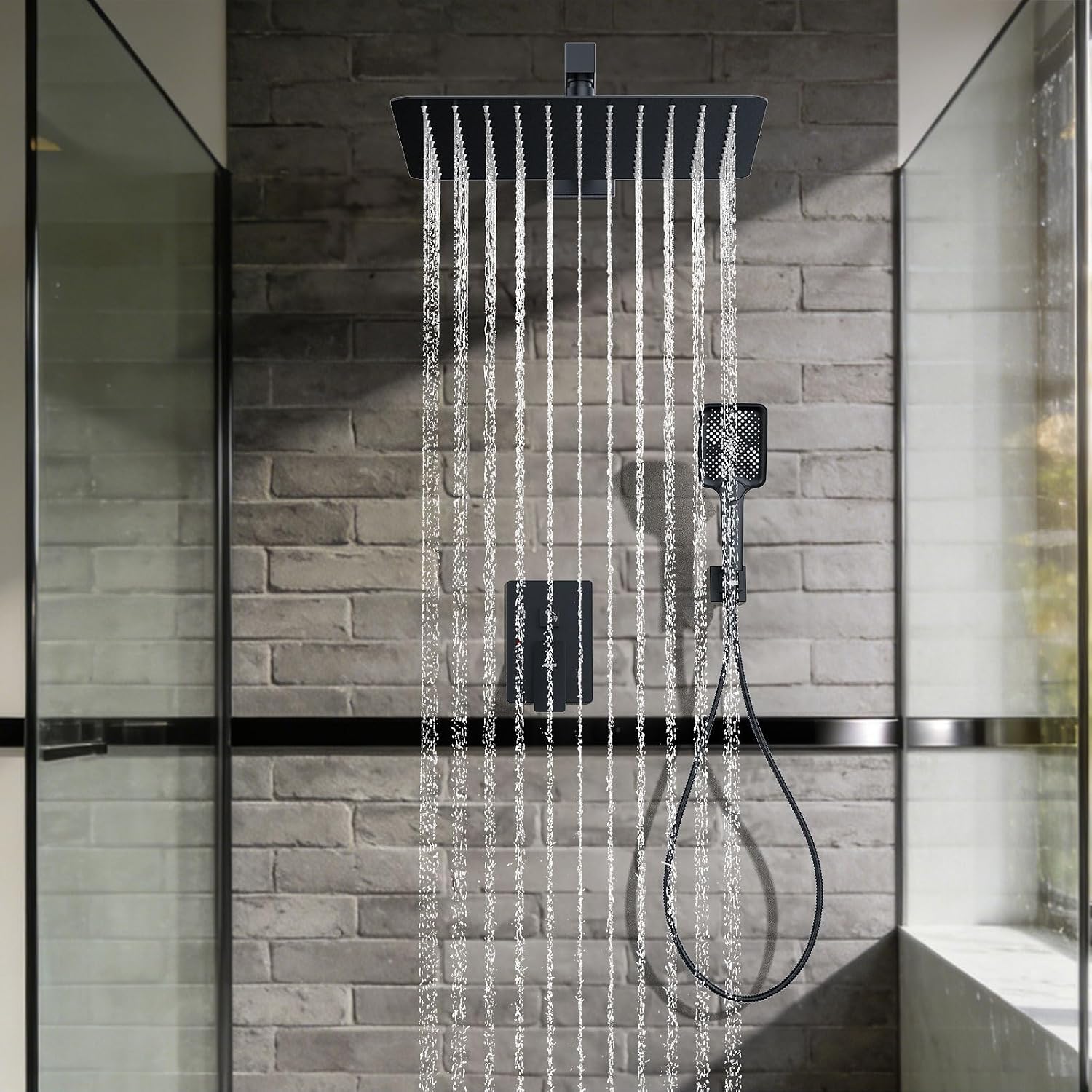 Shower System Modern Rain Brass Faucet Set With Valve and Diverter Shower Mixer With Handheld High Pressure Square Rainfall Shower Valve (12'' Wall Mount, Matte Black)