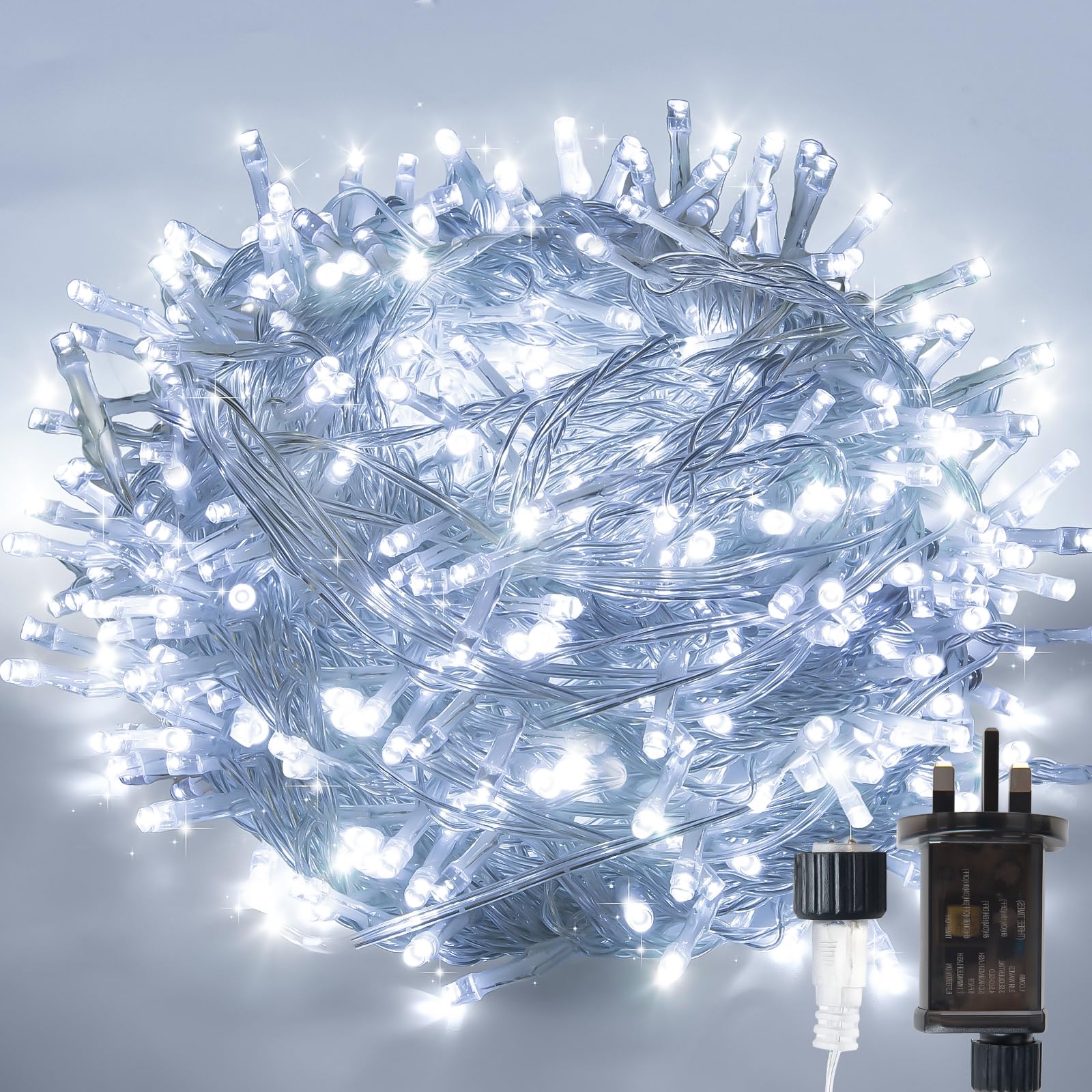 SINWE Christmas String Lights,30M 300 LED,8 Modes,Timer Function,Waterproof Cool White Fairy Lights,Mains Powered with Timer, Memory Function, Waterproof (Cool White, 300LED/30M)