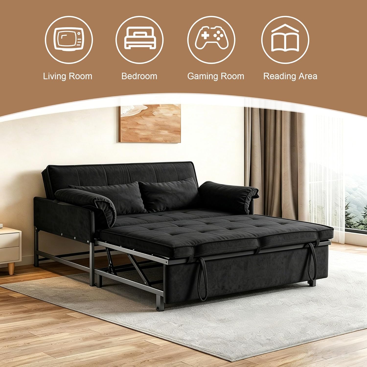Convertible Sofa Bed, 3-in-1 Pull Out Couch Loveseat Sleeper Sofa with Adjustable Backrest & Soft Pillow, Small Couch for Small Spaces, Living Room, Apartment, Bedroom, Black