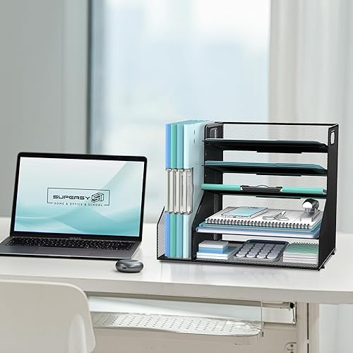 Miniatura 7 de SUPEASY Organizador de escritorio con soporte para archivos, bandeja de papel de malla de 5 niveles con soporte para revistas, organizador de
