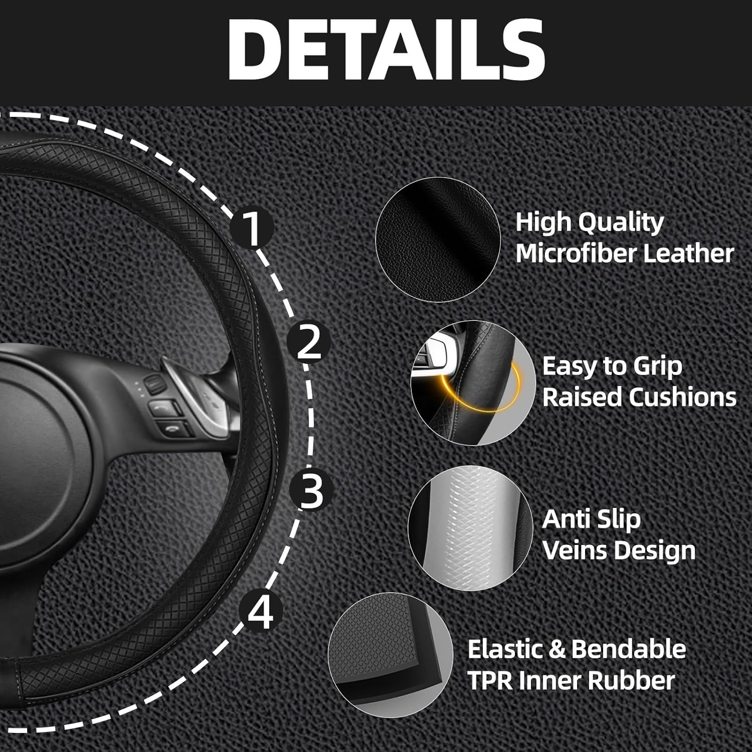 NBTEPEM 6 PCS Car Steering Wheel Cover Set, Microfiber Leather Steering Wheel Covers Universal 14.5-15 inch, Center Console Cover, Seat Belt Cushion, Cup Holder Coaster, Car Accessories Set Black