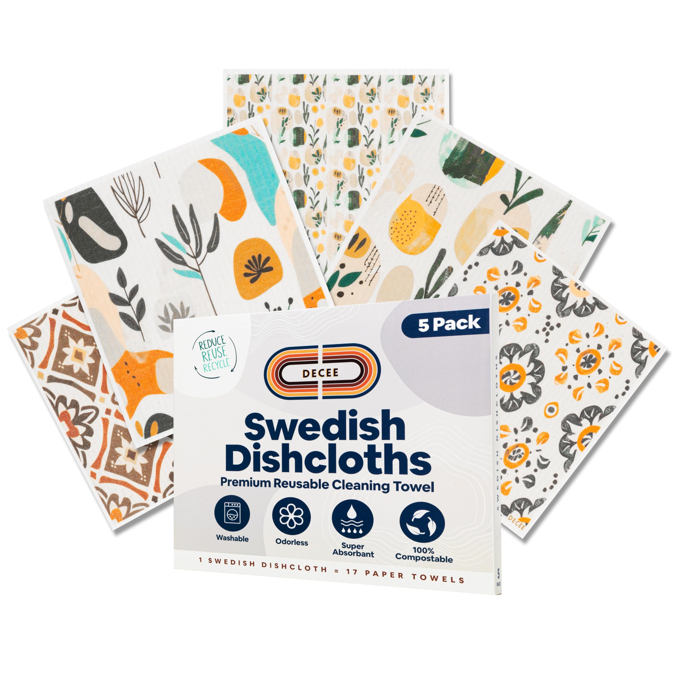 DECEE Paños de cocina suecos (Mosaico), paquete de 5, reutilizables, lavables, paños de cocina de algodón de celulosa, reemplazan toallas de papel, esponjas y trapos para platos