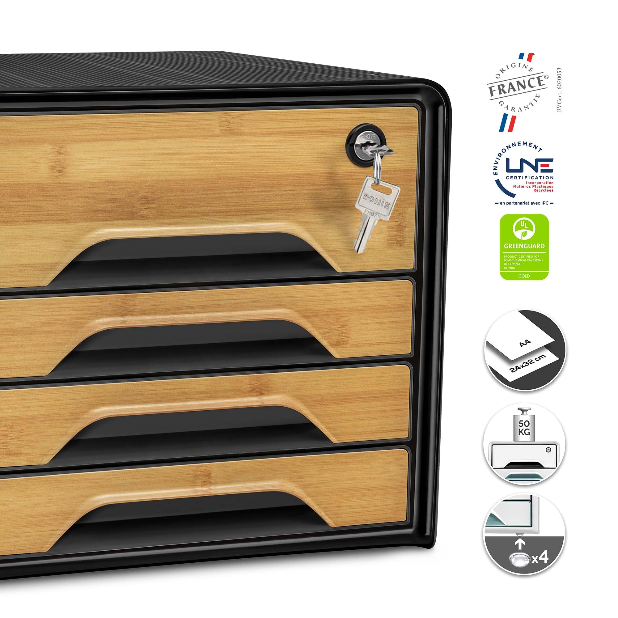 CEP Blocco di archiviazione con serratura modulo, organizzatore 4 cassetti, organizer per documenti, scrivania Smoove Secure, nero stampato Bambù
