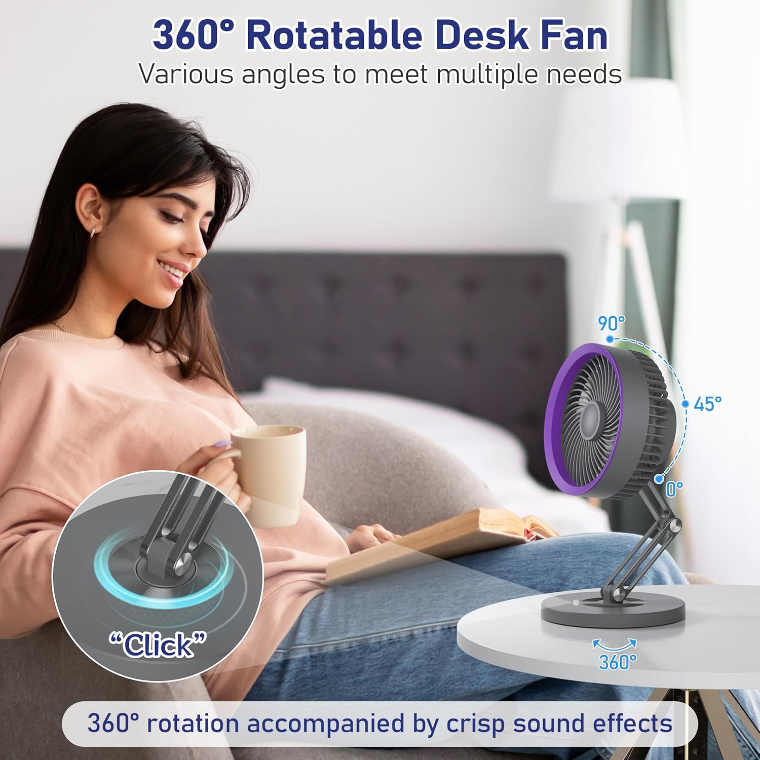 CIVPOWER 180° Foldable 360° Rotating Adjustable Desk Fan Gray and Air Circulator Desk Fan White