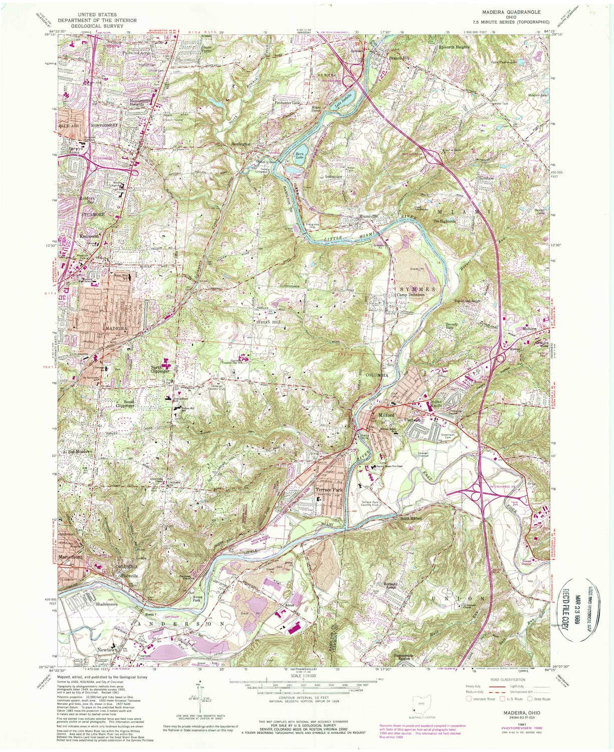 YellowMaps Madeira OH topo map, 1:24000 Scale, 7.5 X 7.5 Minute, Historical, 1961, Updated 1988, 27 x 22.1 in - Tyvek