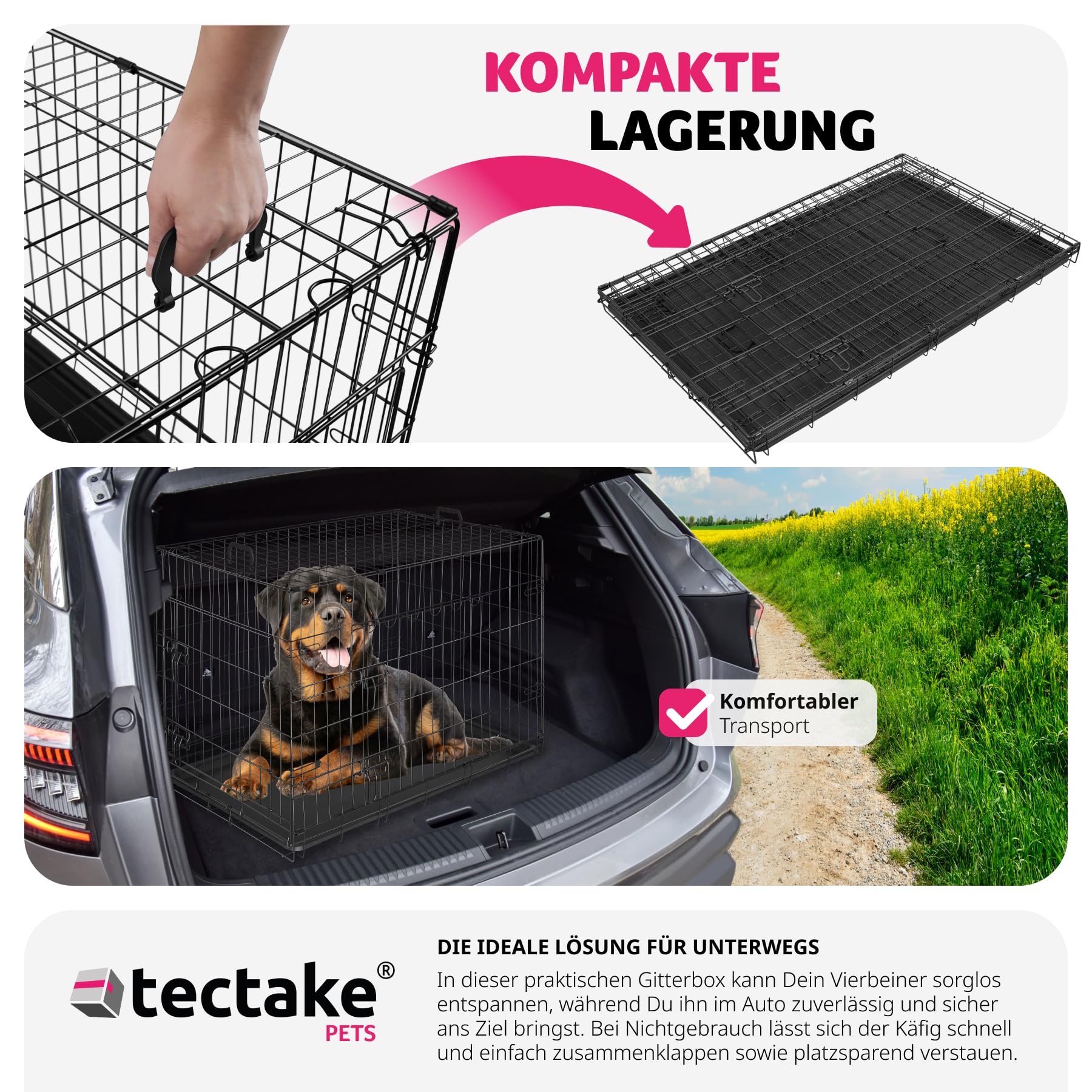tectake® Hundekäfig, Hundegitter Box, Dog Kennel, Hundebox faltbar, Transportbox stabil, für Hunde und Welpen, für Kofferraum, Auto, Camping und Zuhause, Wohnung - 121,5 x 75,5 x 80,5 cm