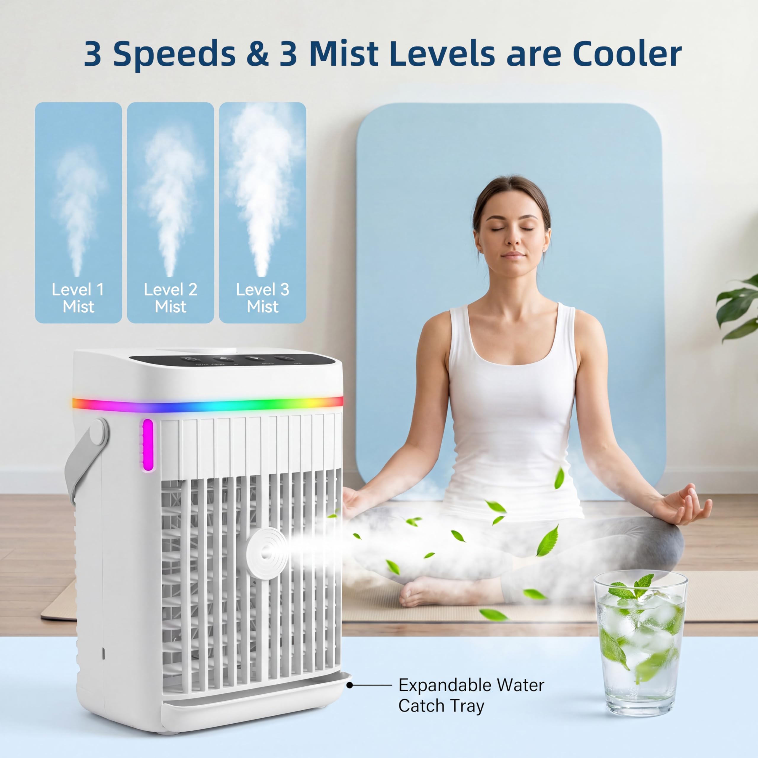 Aire acondicionado portátil, mini enfriador 4 en 1 con refrigeración rápida, función de niebla, luz LED, 3 velocidades y temporizador, ventilador USB silencioso para uso en verano