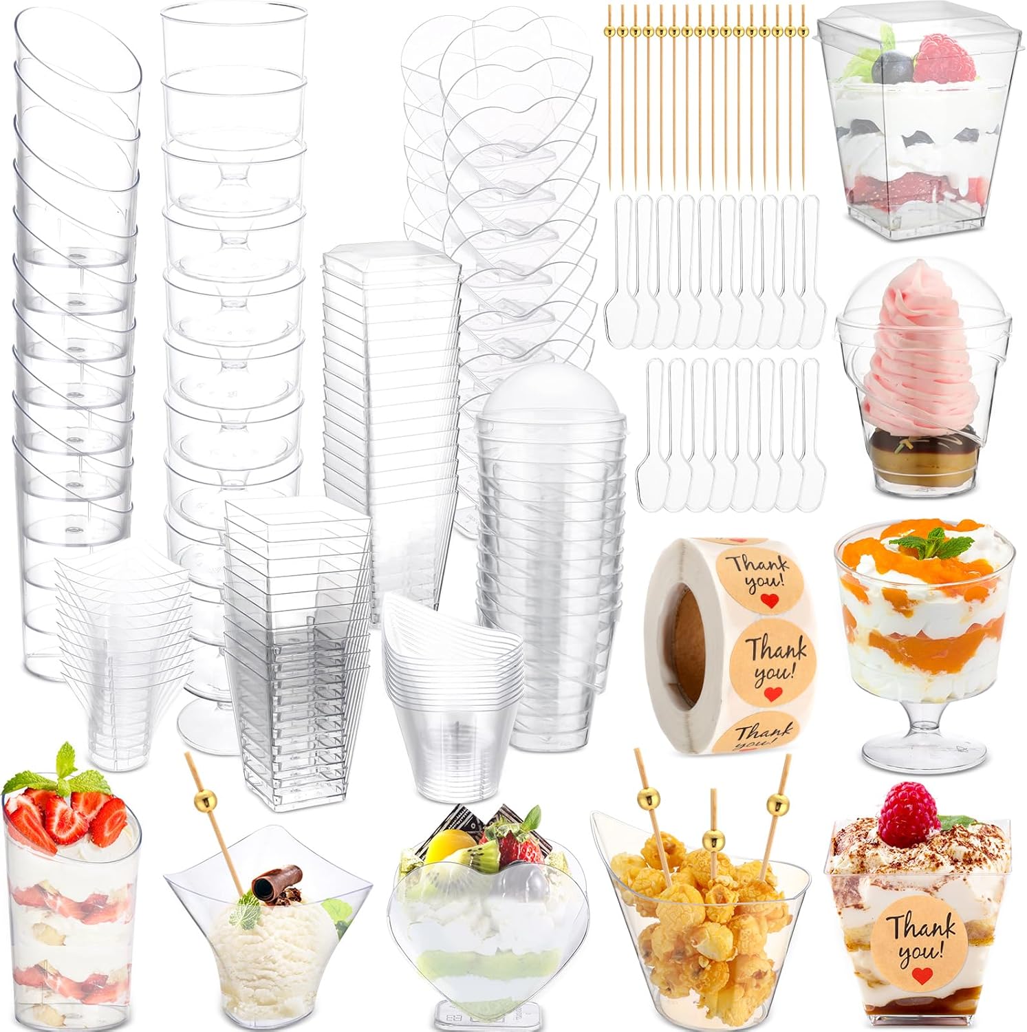 LemonRoad 300 Pack 2/3/5/7oz Plastic Dessert Cups Set 8 Styles Clear Plastic Dessert Cups with 100 Spoons 100 Toothpicks 500 Sticker for Serving Fruit Trifle Mousse Ice Cream Pudding(Elegant)