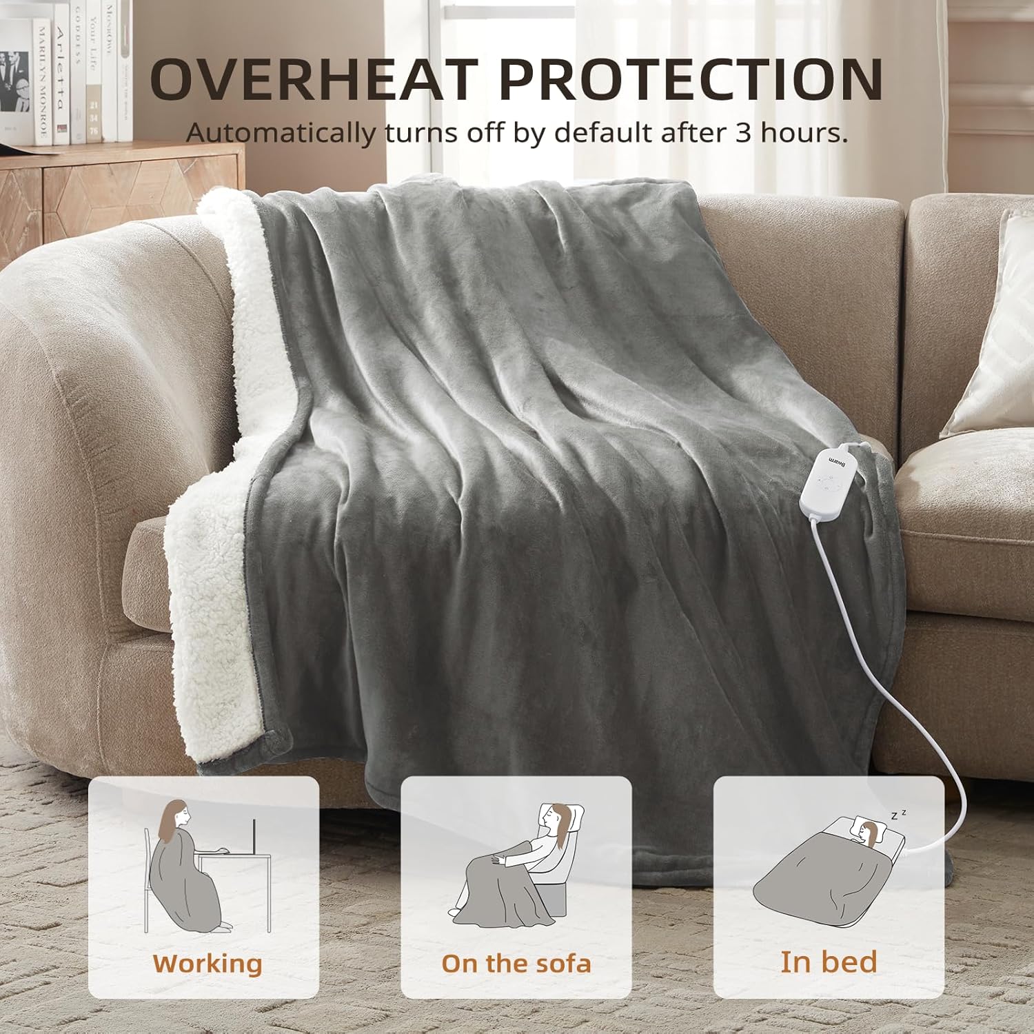 Bwarm Heated Blanket Electric Throw Faux Far Blanket Sherpa Fleece Women Gift,Faux Christmas Fur Blanket for Couch, Sofa, Bed Dark Grey 50x60 Inches