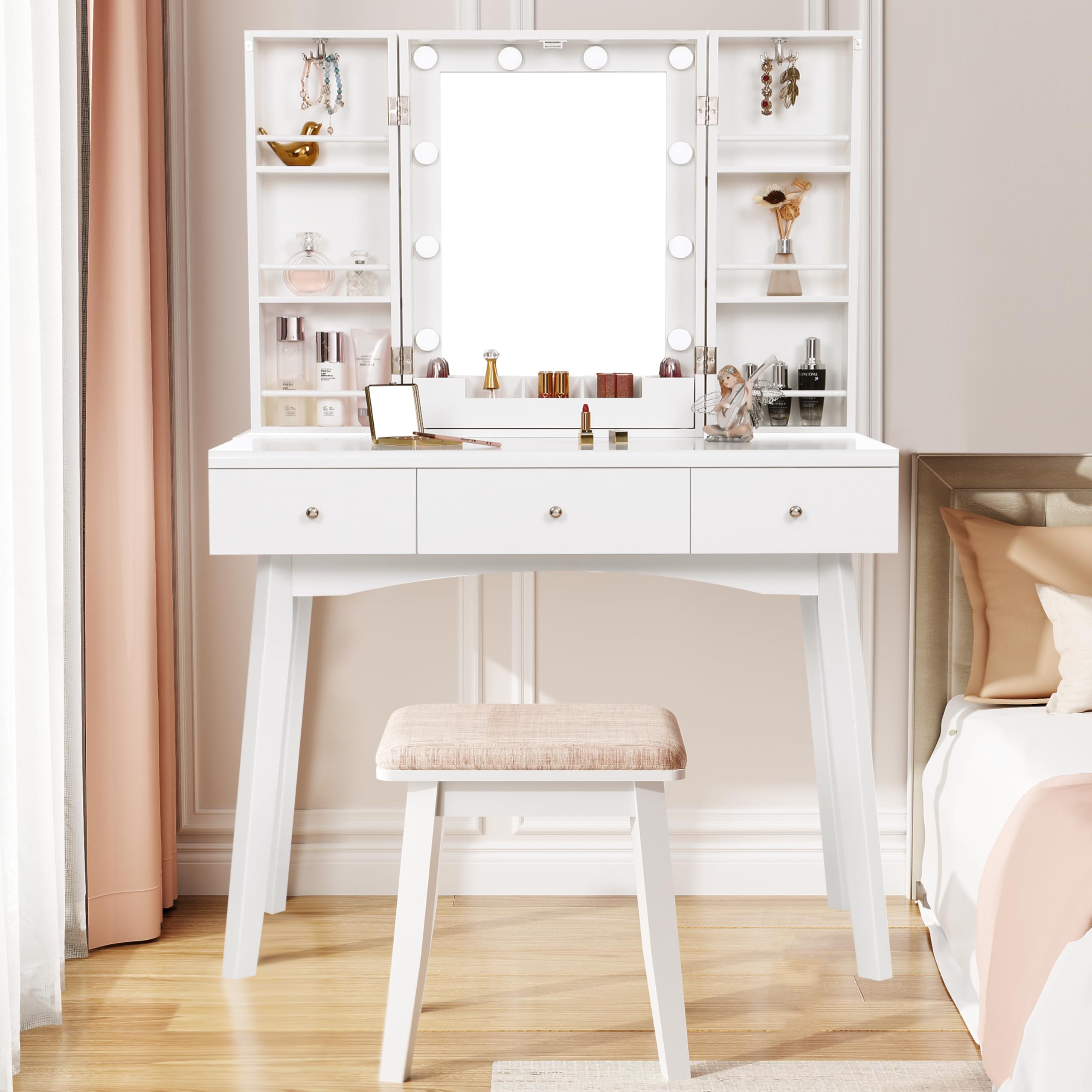 Toeletta Con Specchio Illuminato LED 3 Colori - Tavolo Makeup Con 2 Cassetti E Sgabello - Bianco Elegante - Foto 6