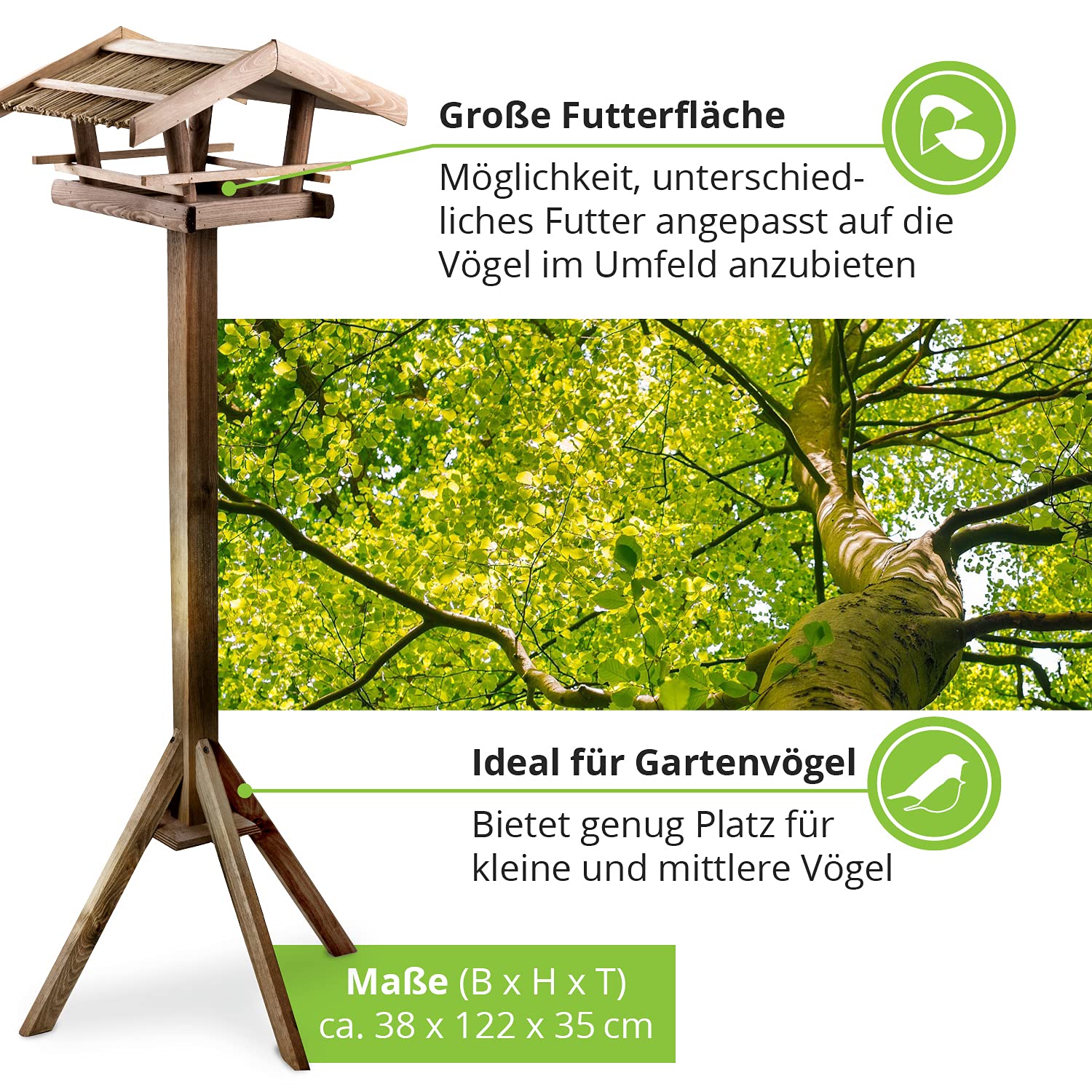 GARTENETAGE Vogelhaus mit Reetdach/Vogelfutterhaus aus Holz/Vogelhaus mit Ständer wetterfest/Vogelhäuschen für Balkon und Garten, handgefertigt/Futterhaus für Vögel