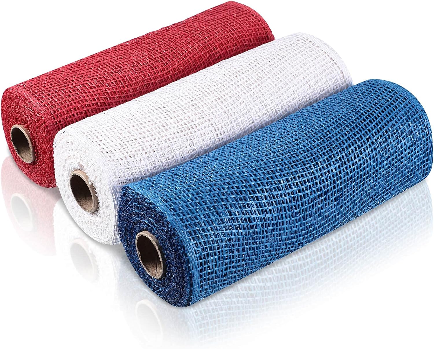 Chuangdi 3 Rolls Poly Burlap Deco Mesh 10 Inch Blue Red White Deco Poly Decorative Mesh Ribbon Wrapping Ribbon Rolls for Home Door Wreath Decoration DIY Crafts Making