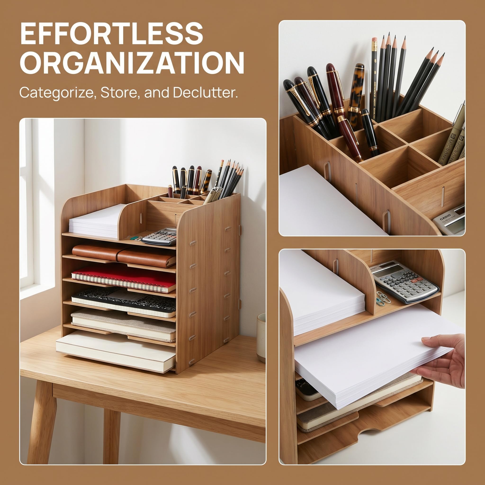 Organiseur de bureau à 5 compartiments en bois avec porte-stylo, porte-documents A4, porte-courrier, porte-magazines, porte-papier, classeur A4, pour bureau, maison, bureau, école, bureau